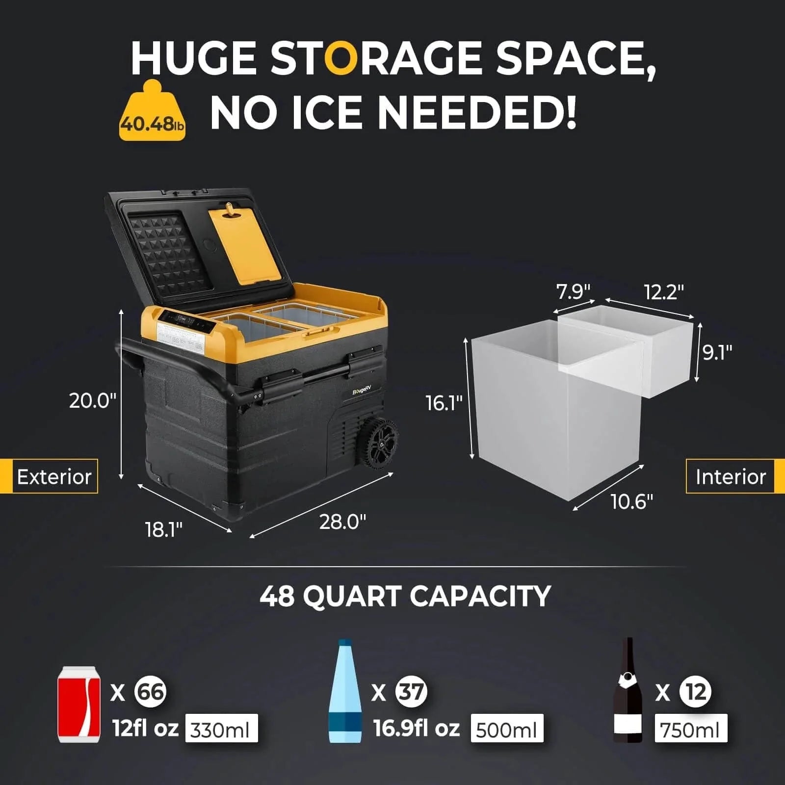 BougeRV CR45 48 Quart Dual Zone 12V Portable Fridge Freezer for Car, RV, Camping & Outdoor Adventures - Compact Electric Cooler for Road Trips, Tailgating & Off-Grid Living