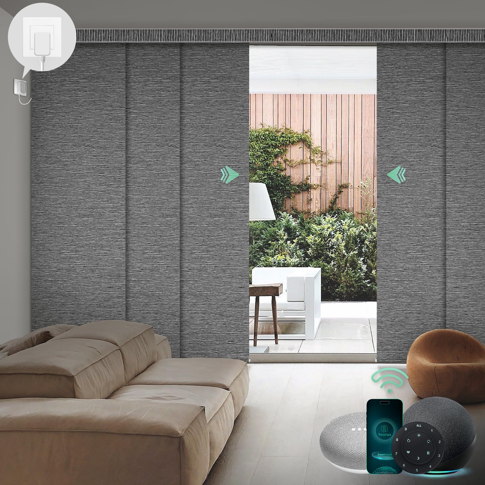 Yoolax Custom XL Smart Motorized Sliding Blinds - Alexa Compatible Blackout Vertical Window Shades for Glass Doors, Patio & Closet - Basalt Stripe Black | Perfect for Home Automation, Privacy & Light Control