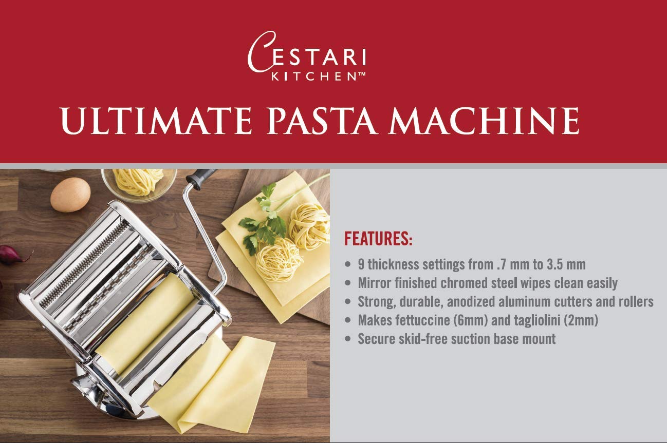 Cestari Stainless Steel Pasta Maker Machine - 150mm Roller with Patented Non-Slip Suction Base - Includes Pasta Cutter, Hand Crank & Italian Recipes - Perfect for Homemade Pasta, Ravioli & Noodle Making at Home