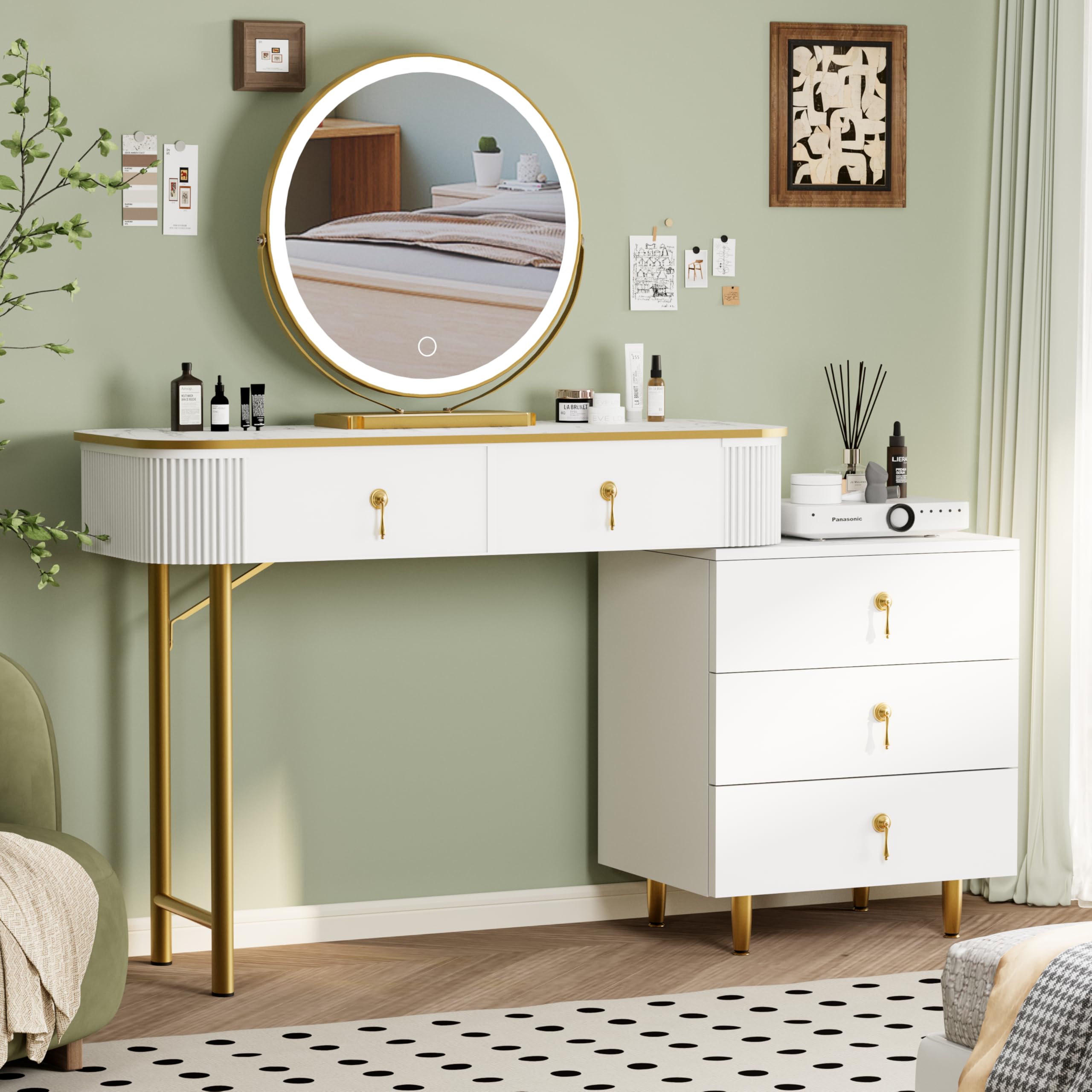 Modern Makeup Vanity Desk with LED Lights & Touch Screen - 3 Color Adjustable Mirror, 5 Storage Drawers, White Dressing Table | Perfect for Bedroom, Salon & Beauty Room Organization
