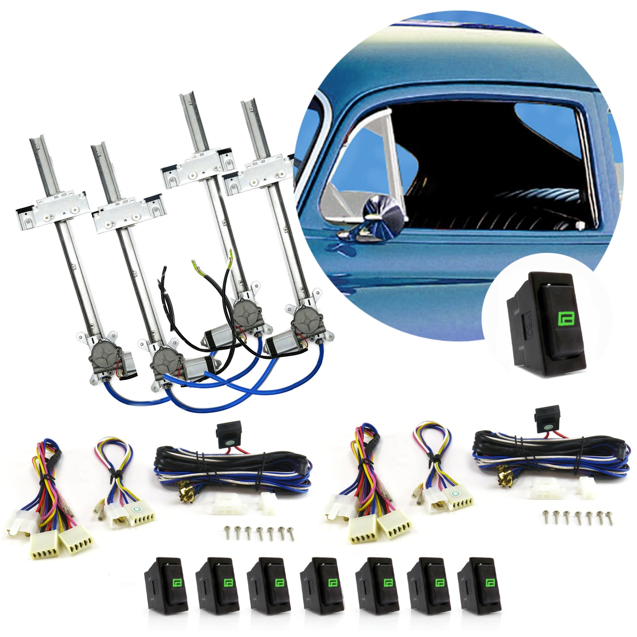 1903 Rambler Model F 4 Door Power Window Conversion Kit - Flat Glass with Switches & Wiring Harness - Easy DIY Installation for Classic Car Restoration