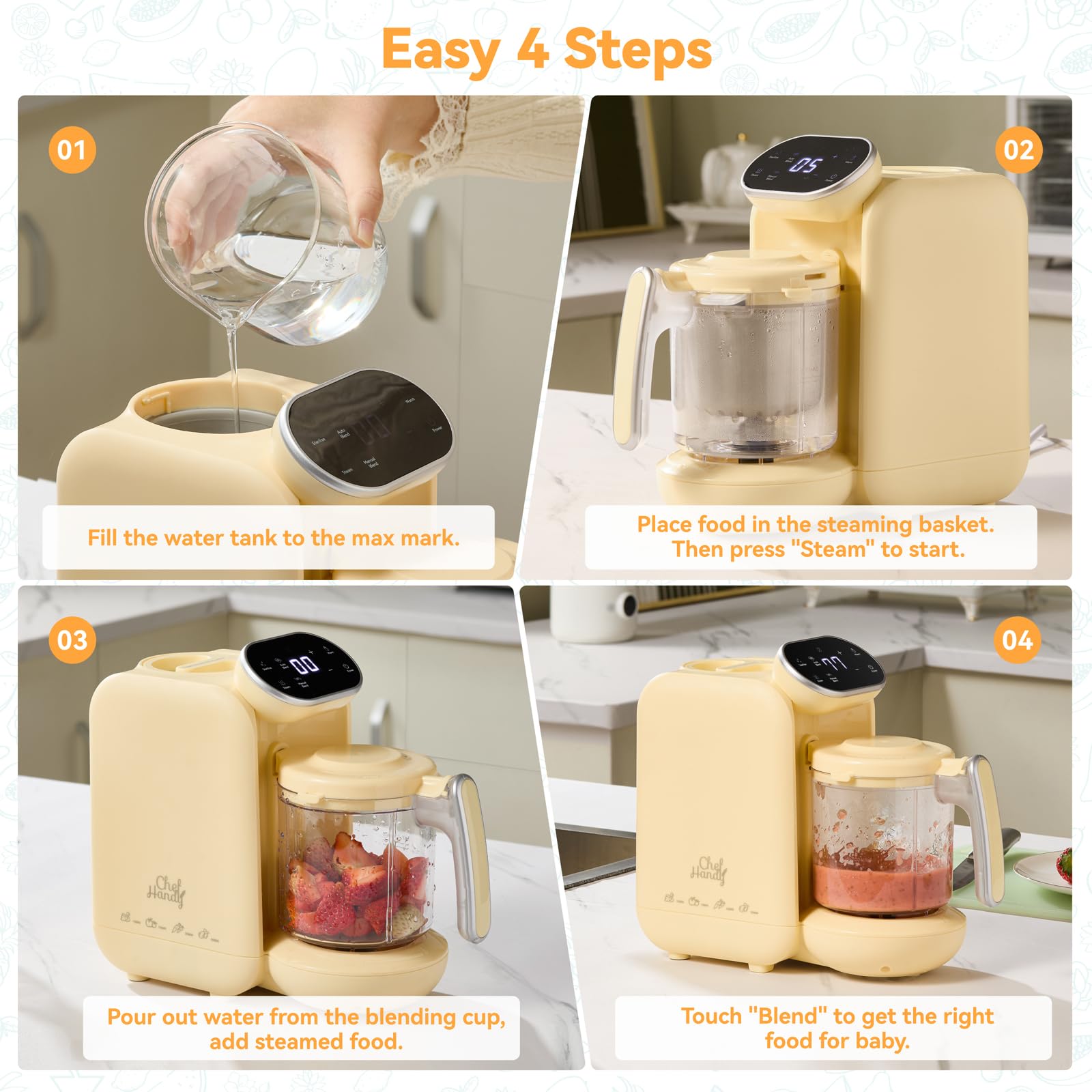 Chefhandy 5-in-1 Baby Food Maker & Bottle Warmer - Stainless Steel Steamer, Blender, Puree Maker with Auto Cooking & Touchscreen (Yellow) | Perfect for Homemade Baby Food Prep & Quick Bottle Warming