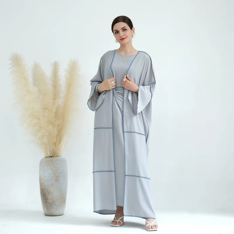 3 Piece Set Wrinkle-Free Muslim Women's Open Abaya Suit with Inner Sleeveless Dress & Waist Wrap - Modest Islamic Prayer Dress for Eid, Ramadan & Daily Wear