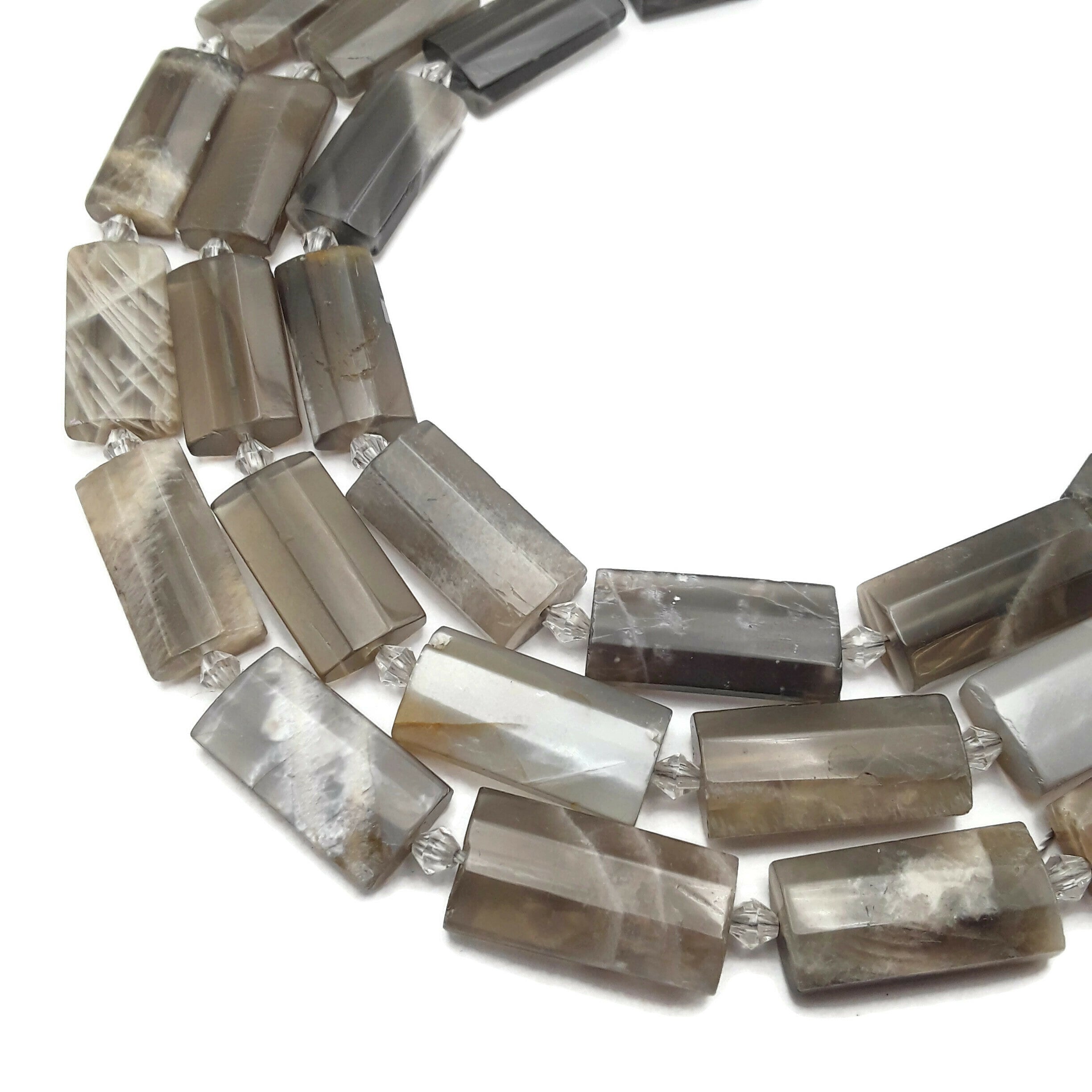 Gray Moonstone Faceted Flat Rectangle Cylinder Tube Beads 14x28mm - 15.5 Inch Strand for Jewelry Making, DIY Bracelets & Necklaces - Perfect for Boho, Handmade & Healing Crystal Designs