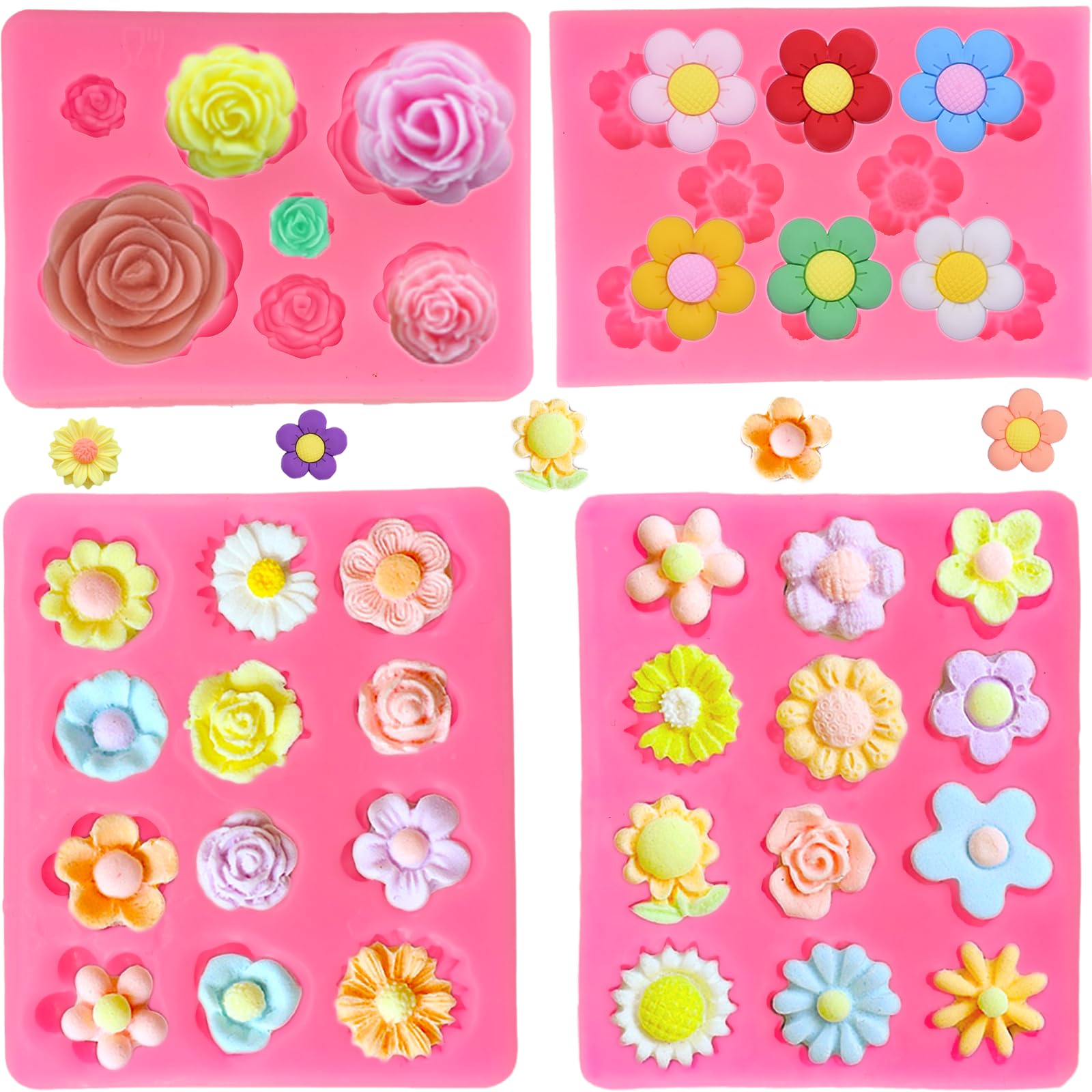 4Pcs Silicone Flower Molds Set - Rose & Daisy Chocolate Candy Molds for Baking, Fondant, Soap, Ice Cube & Wax Melts - Perfect for Cake Decorating, DIY Crafts & Party Treats
