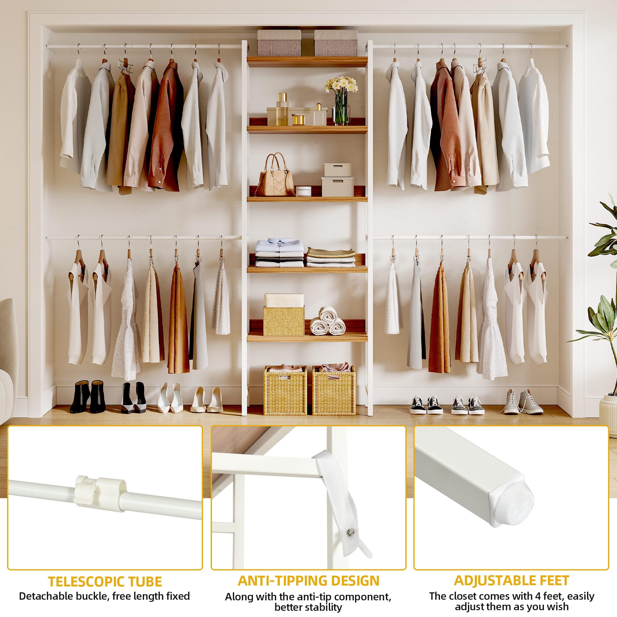 DWVO Heavy Duty Adjustable Closet Organizer System - 4 Expandable Hanger Rods & 5-Tier Wood Shelves with Backboard for Walk-In Closets, Bedrooms (Fits 6-9 ft Spaces) - Perfect for Closet Organization, Garment Storage & Home Decor