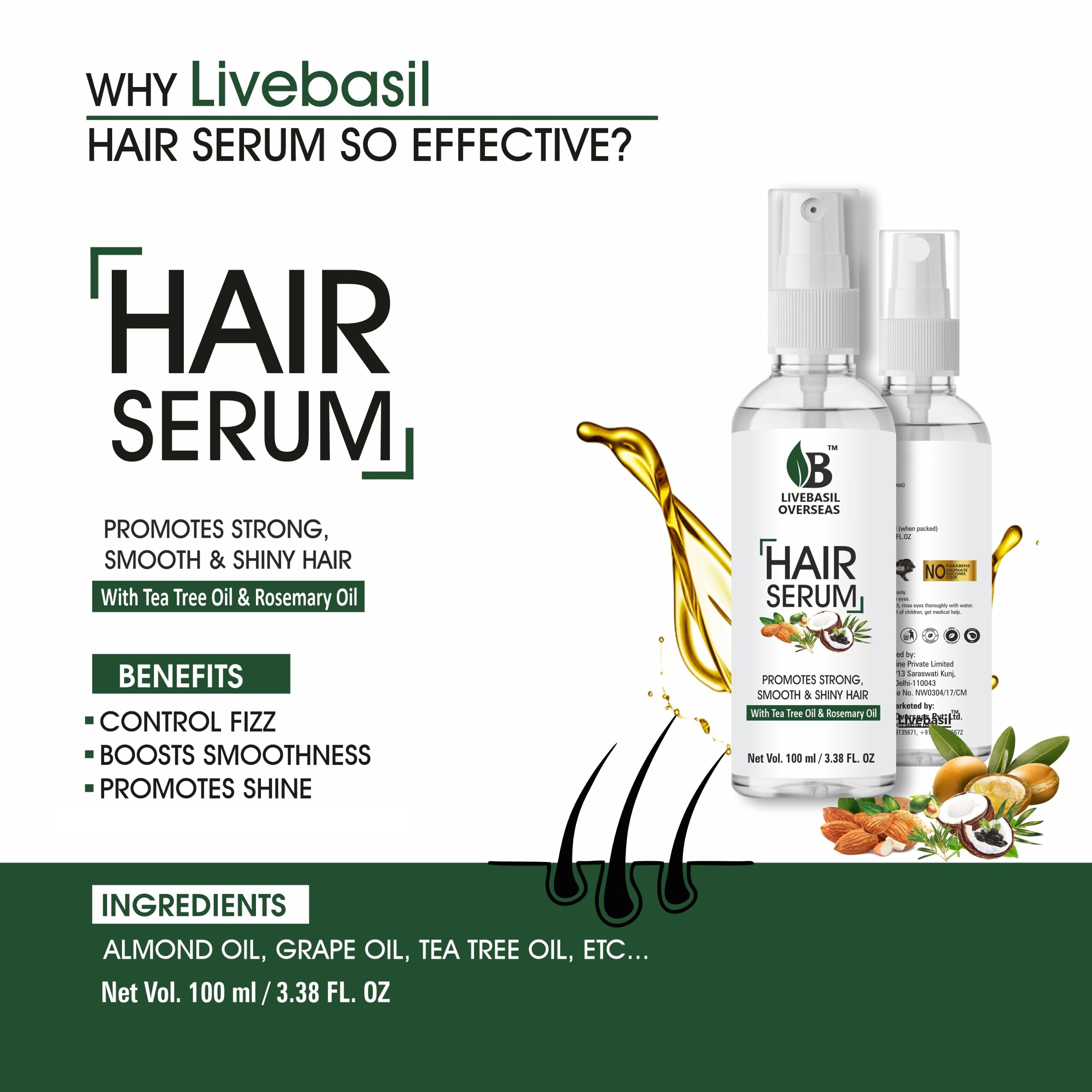 Livebasil Hair Growth Serum with Tea Tree & Rosemary Oil - Promotes Strong, Smooth & Shiny Hair (100ml) - Best for Thinning Hair & Scalp Care - Perfect for Daily Hair Regimen & Styling Prep