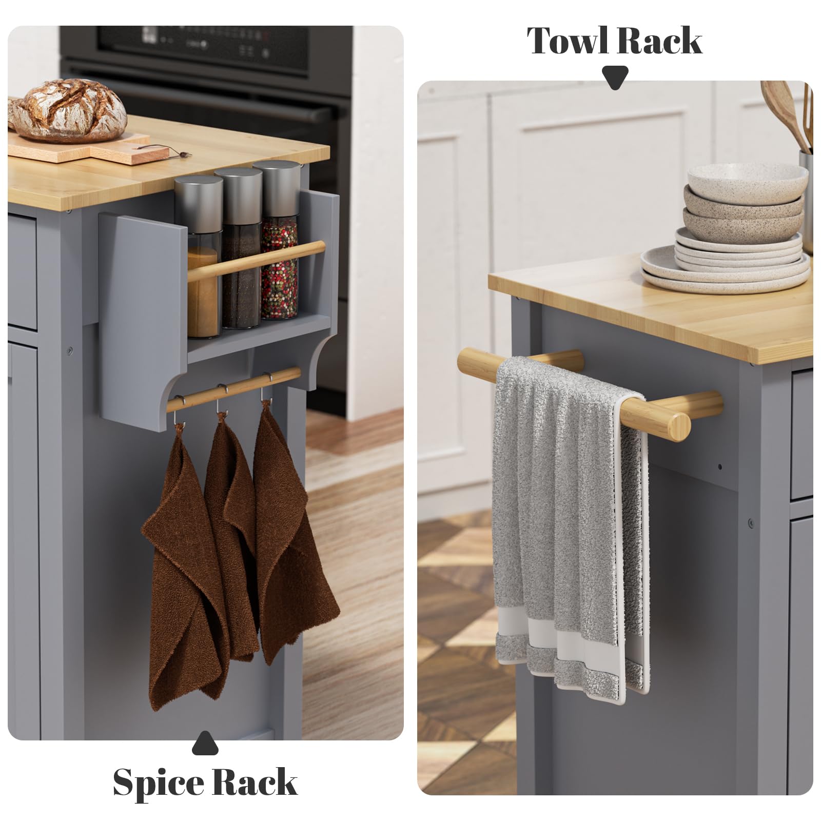 Rovibek 54-Inch Large Kitchen Island on Wheels with Storage, Drawers, Cabinet, Spice Rack & Towel Rack - Mobile Rolling Wood Cart for Kitchen, Dining Room - Perfect for Extra Counter Space, Food Prep & Entertaining