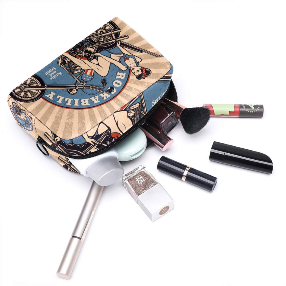 Pin Up Girl Motorcycle Monochrome Makeup Bag - Waterproof Cosmetic & Toiletry Travel Organizer for Women | Portable Storage for Makeup Tools, Brushes, Toiletries | Perfect for Travel, Gym, Beach & Daily Use