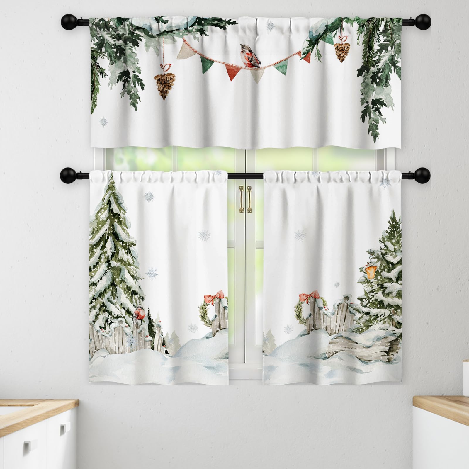 Watercolor Kitchen Curtains Set of 3 - Woodland Christmas Nursery Valances with Baby Animals, Forest Winter Theme for Windows - Perfect for Cozy Kitchens, Baby Rooms & Holiday Home Decor