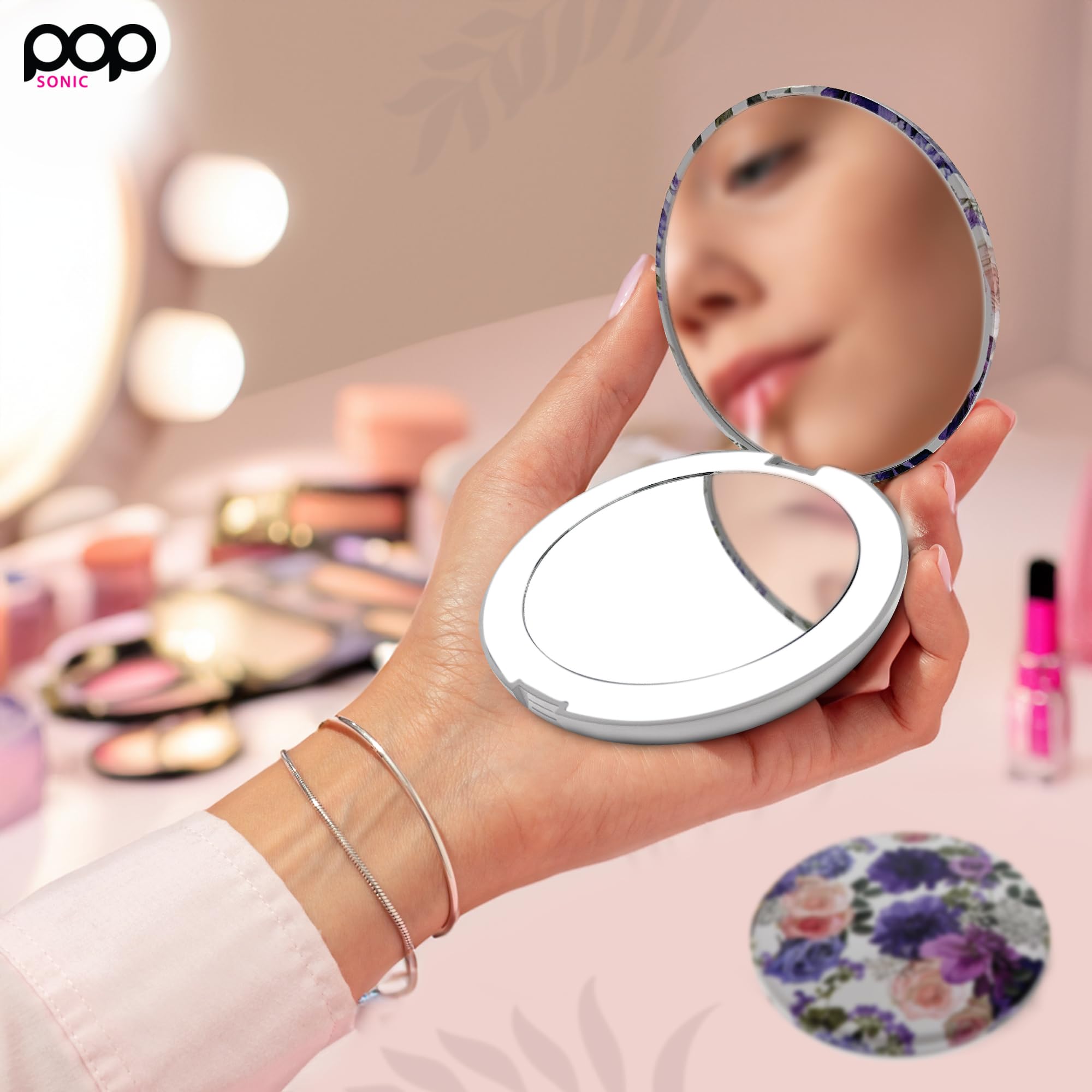 Circle LED Compact Mirror with Adjustable Brightness - 1x/5x Magnifying Travel Makeup Mirror with LED Lights (Floral) - Perfect for Home, Travel & Professional Makeup Application