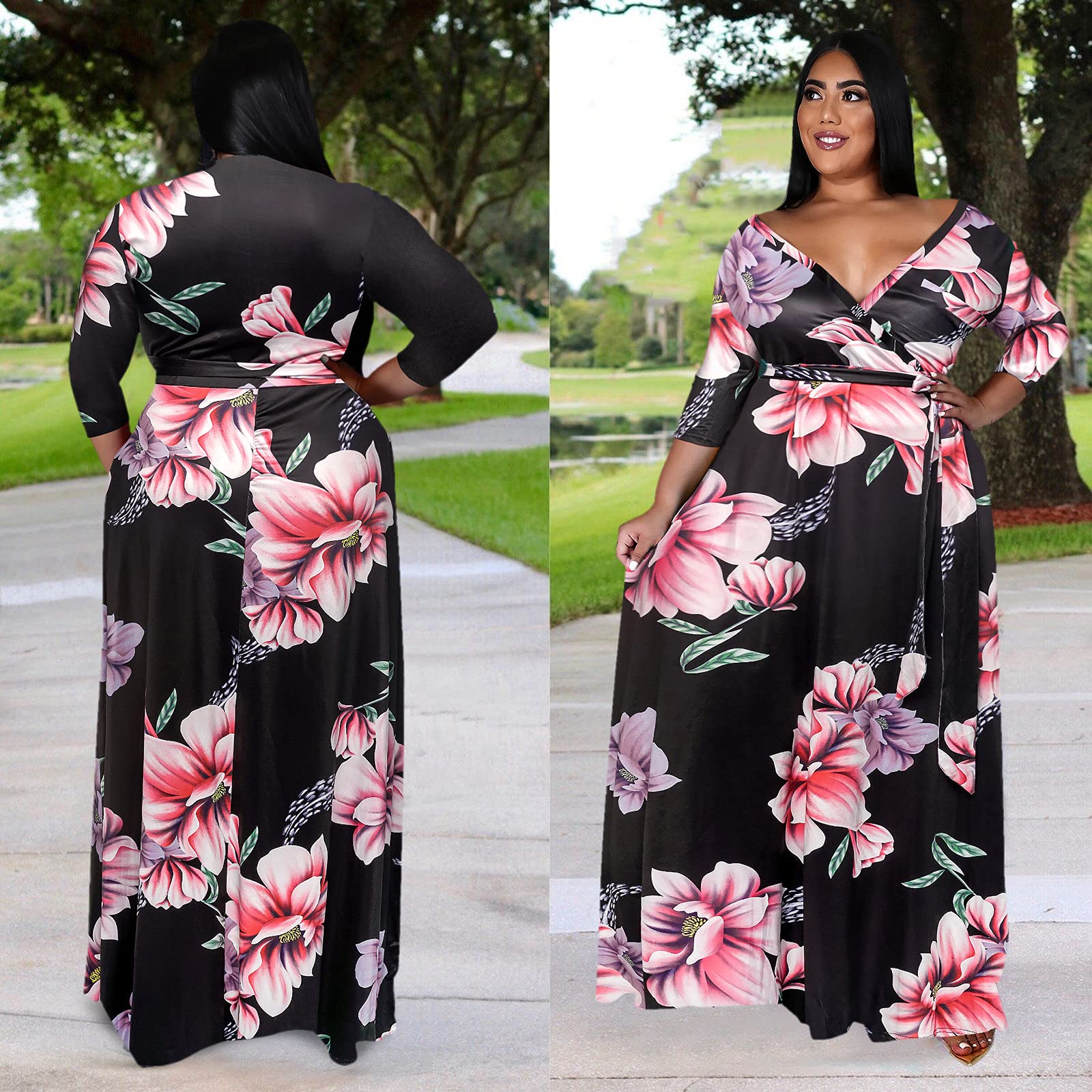Runwind Plus Size Floral Maxi Dress for Women - 3/4 Sleeve Flowy Summer Dress with Adjustable Belt | Perfect for Beach Vacations, Weddings & Casual Outings