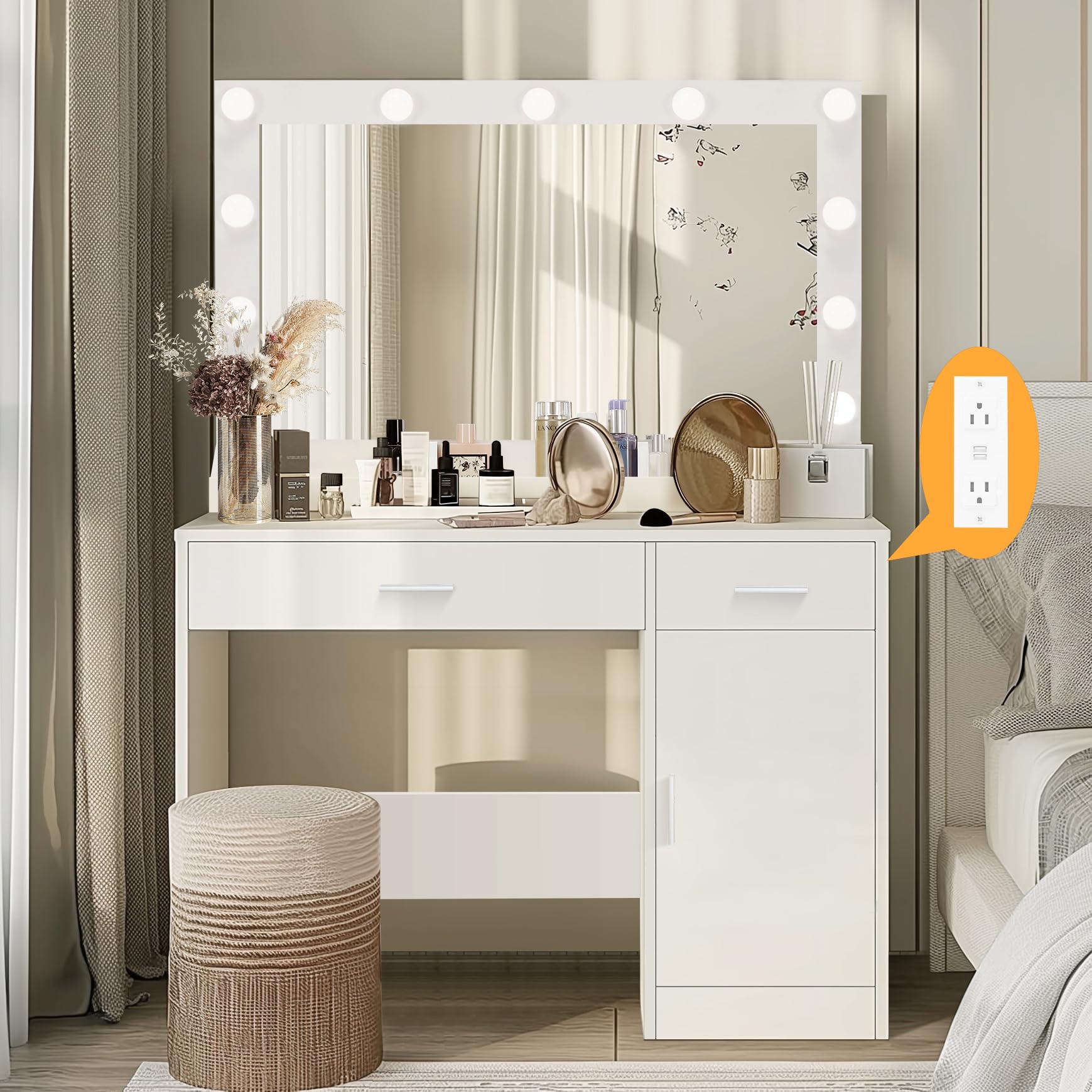 Modern White Vanity Desk with LED Lights & Mirror - Makeup Dressing Table with Charging Station, 2 Drawers & Storage Cabinet for Women & Girls - Perfect for Bedroom, Dorm Room or Home Beauty Salon