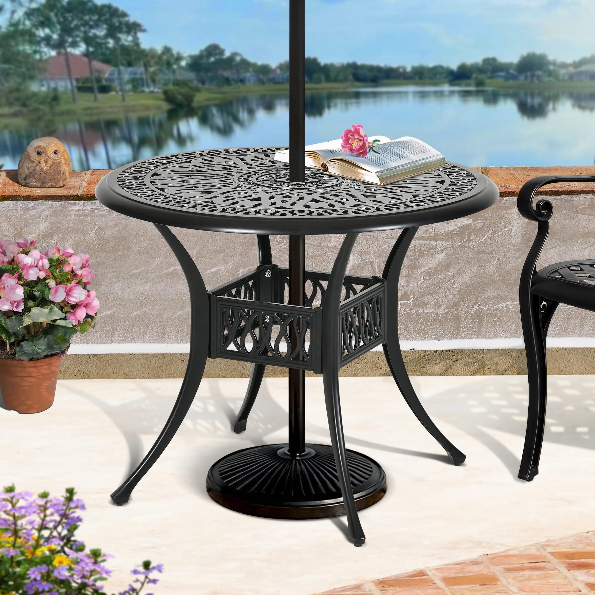 DWVO 35 Inch Outdoor Dining Table - Round Cast Aluminum Bistro Table with Umbrella Hole for Backyard, Garden, Patio, Porch - Weather-Resistant Black Metal Table for Outdoor Entertaining & Dining Al Fresco