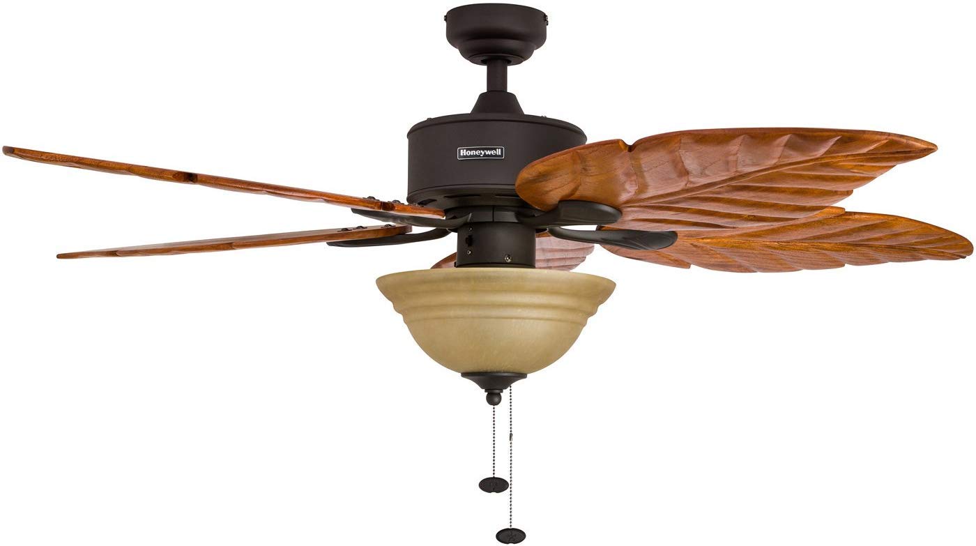 Honeywell 52 Inch Royal Palm Tropical Ceiling Fan with LED Light, Pull Chain, 3 Mounting Options & Hand Carved Solid Wood Blades - Indoor/Outdoor Use for Bedroom, Living Room, Patio (Bronze, Model 50204-01)