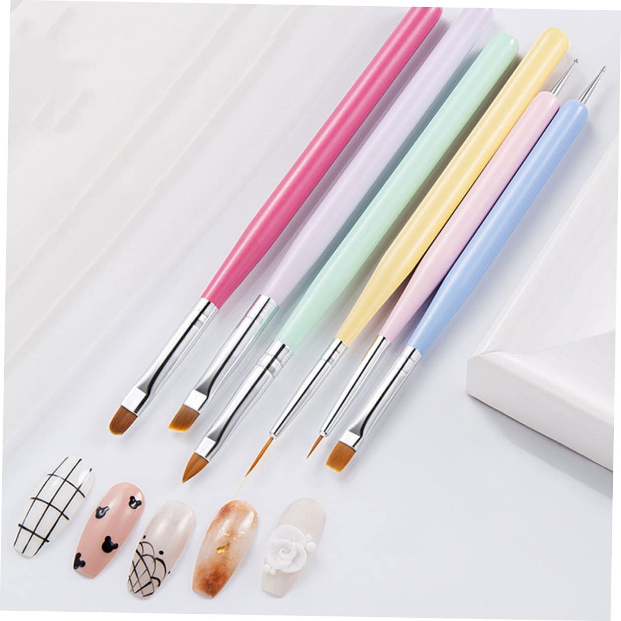 Beavorty 6pcs Wooden Handle Nail Art Brush Pens Set - Smooth Nylon Head Professional Nail Painting Tools for Gel Polish, Acrylic Nails & DIY Manicure at Home Salon