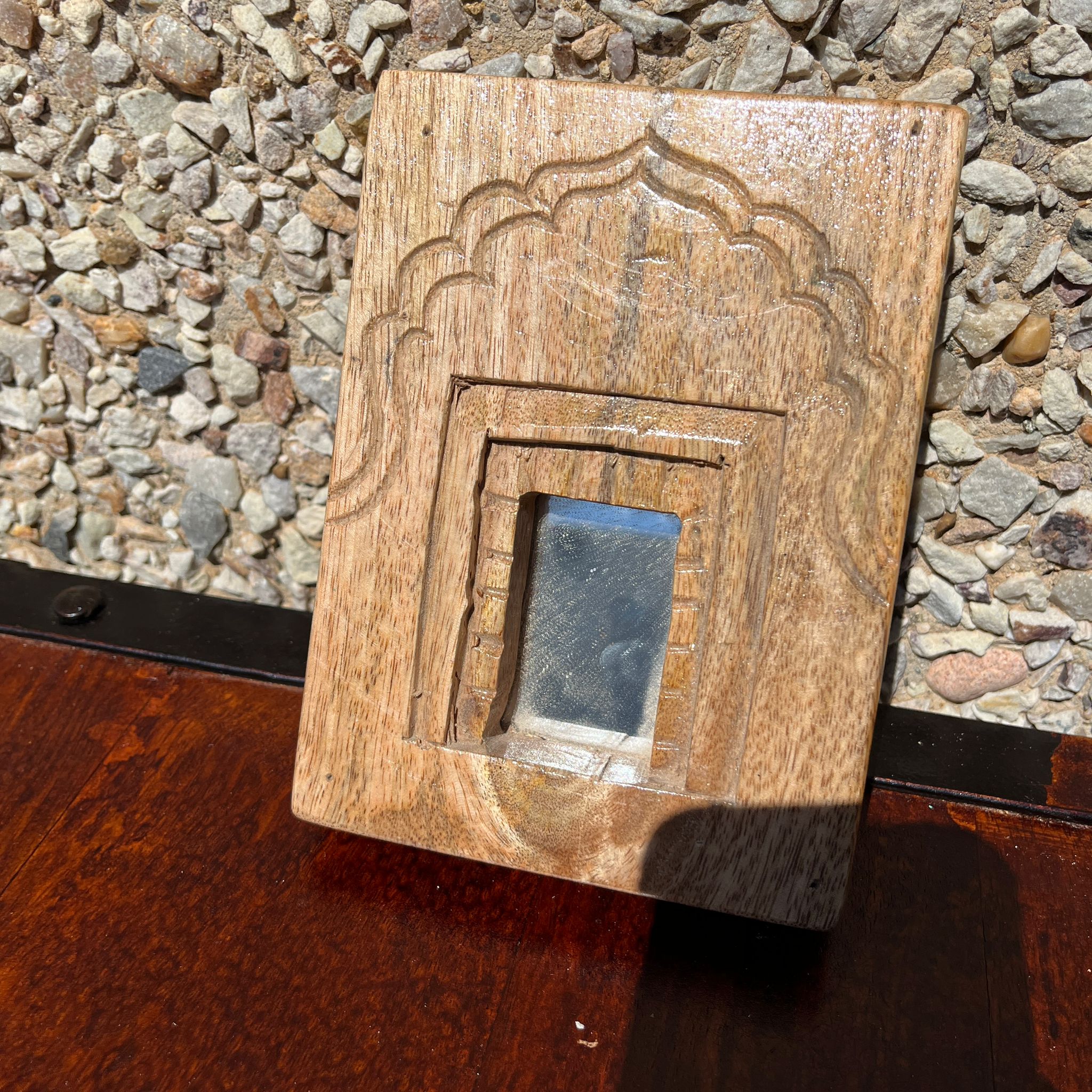 Hand Carved Indian Solid Wood Temple Mirror - Brown 103 - Elegant Wall Decor for Home, Living Room, Bedroom & Meditation Spaces