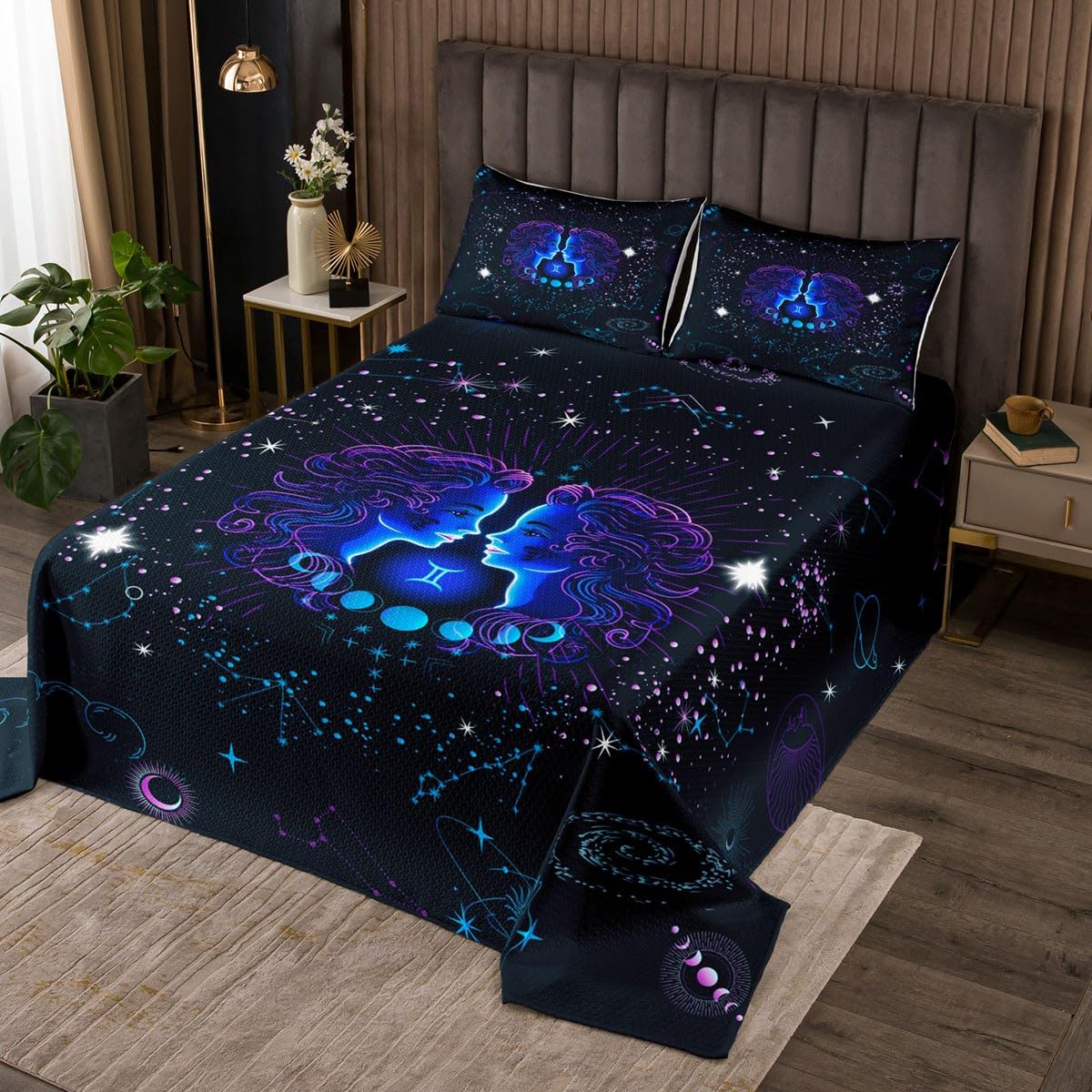 Gemini Zodiac Bedspread Set - Queen Size Trippy Cosmos Quilt & Pillowcases for Psychedelic Bedroom Decor