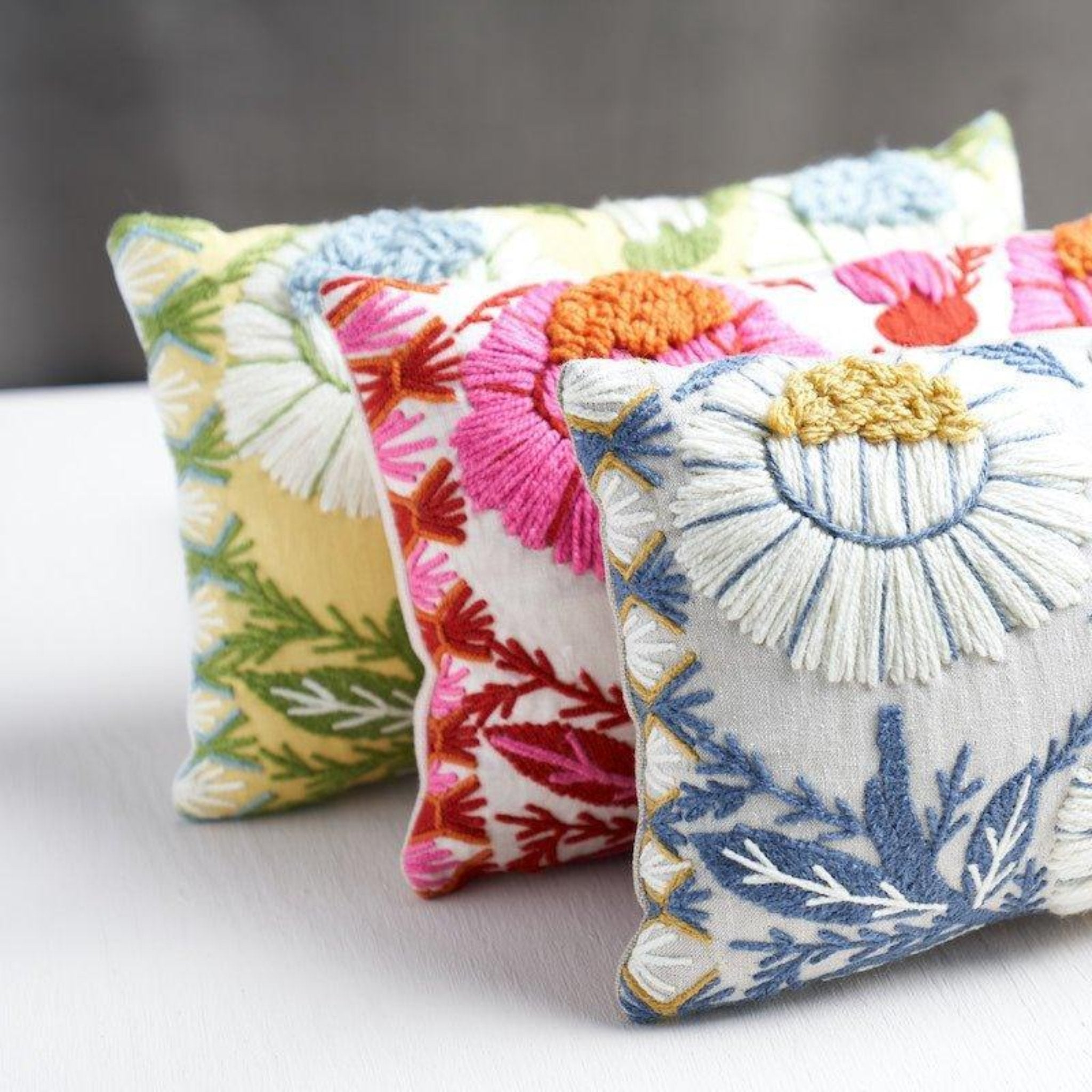Buttercup Yellow Marguerite Floral Embroidered Lumbar Throw Pillow - Decorative Cushion for Sofa, Bed & Home Decor - Perfect for Living Room, Bedroom & Nursery Accents