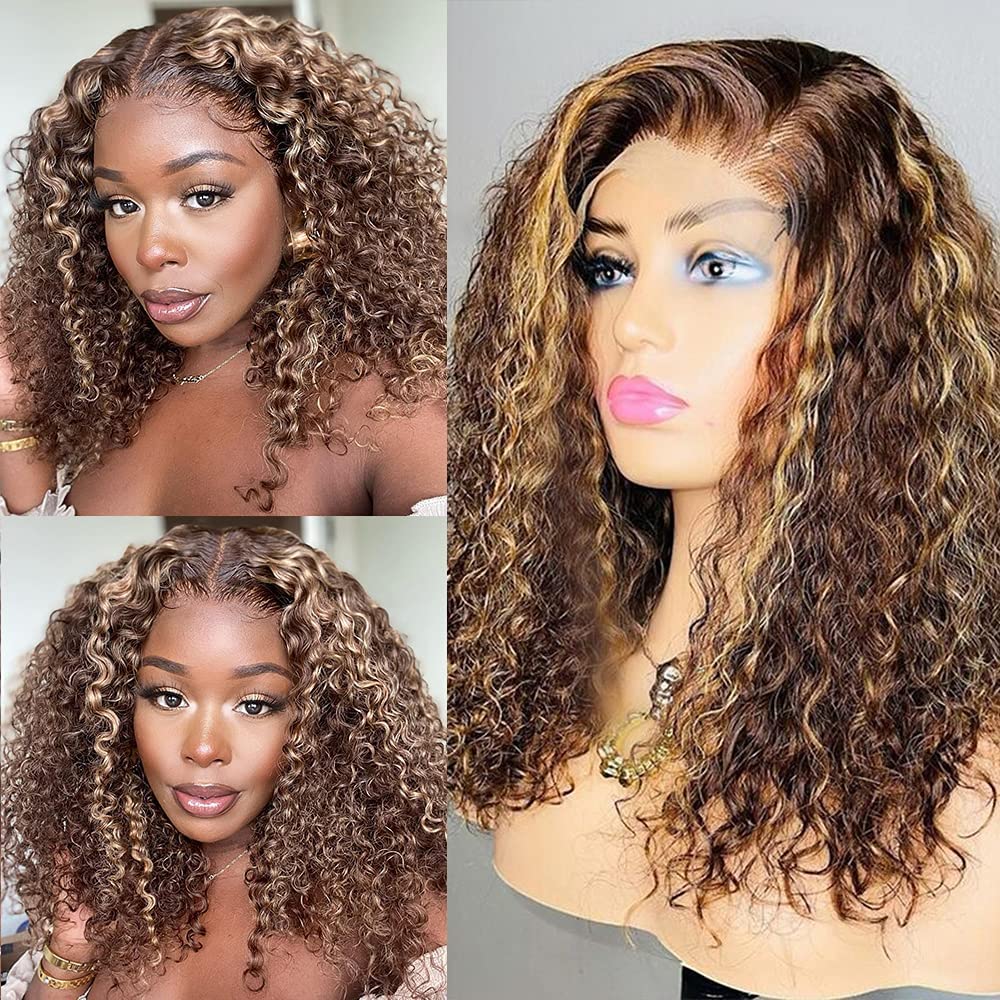 Glueless Short Bob Wig 14inch Brazilian Human Hair 4/27 Ombre Brown Honey Blonde - 13x4 Lace Front Wig with Baby Hair & Pre-Plucked Hairline for Women | Natural Look for Daily Wear & Cosplay