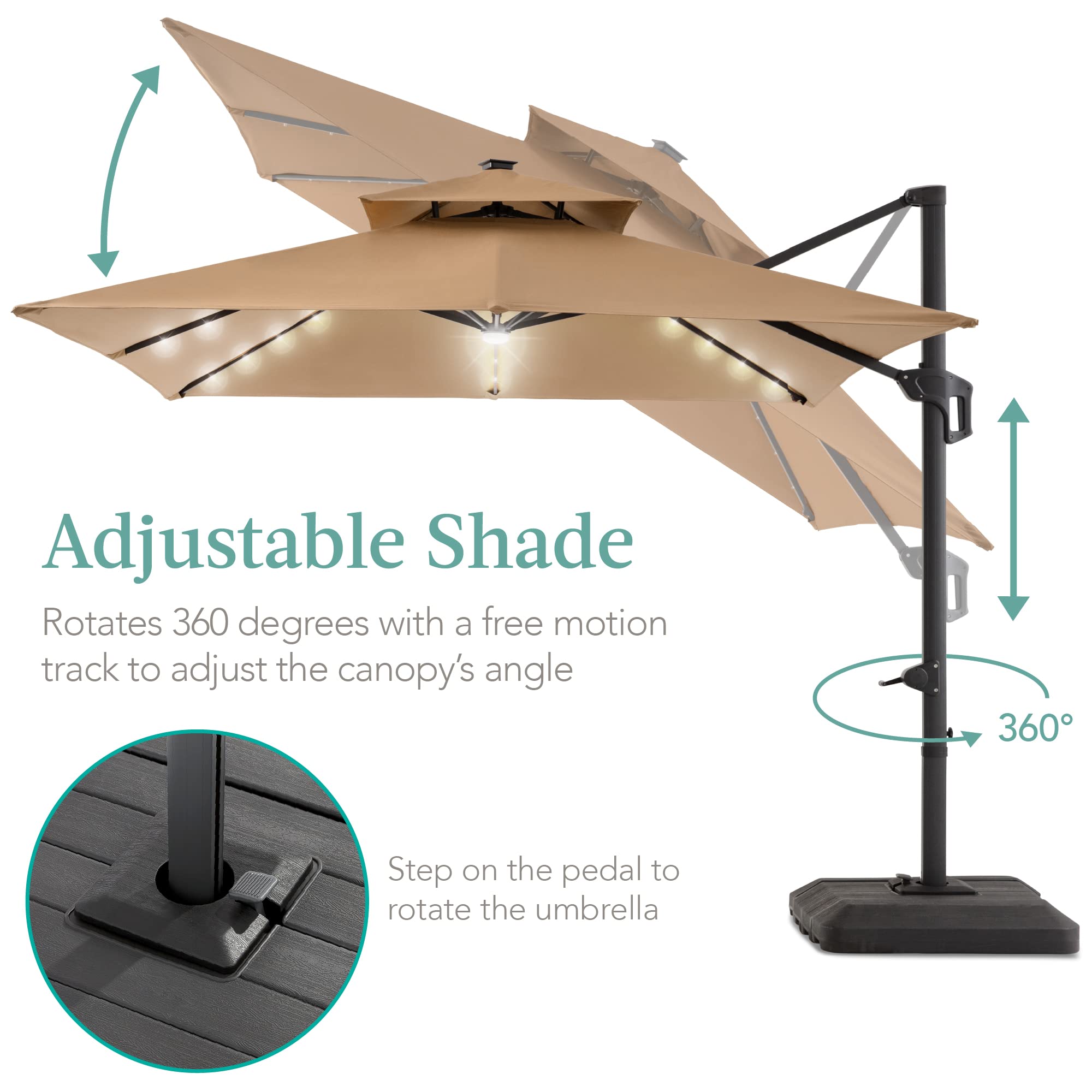Best Choice Products 10x10ft Cantilever Patio Umbrella with Base - Solar LED Lights, 360° Rotation, Large Offset Outdoor Shade for Deck, Pool, Backyard - Tan - Perfect for Sun Protection & Outdoor Relaxation