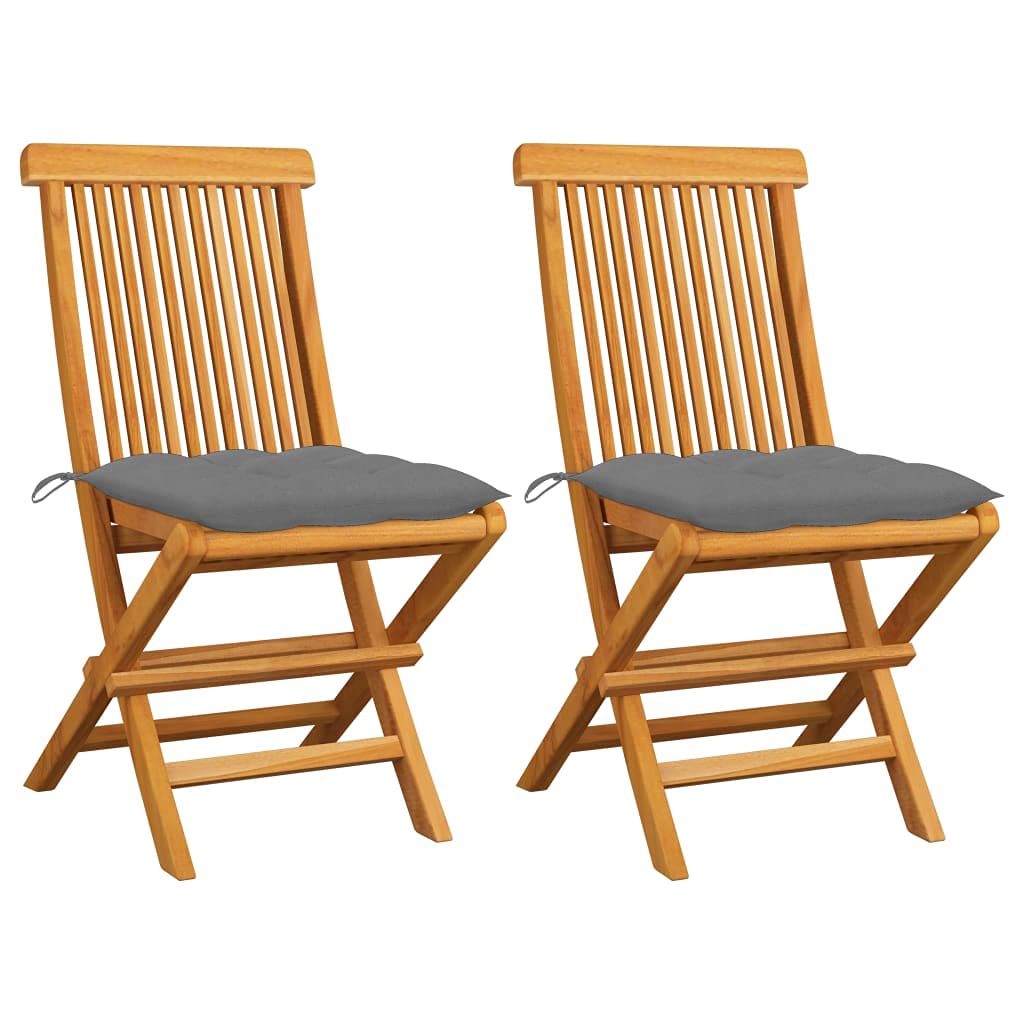 Premium Foldable Patio Chairs Set of 2 - Solid Teak Wood with Gray Padded Cushions, Lightweight Outdoor Seating for Garden, Deck & Poolside - Easy to Clean & Weather Resistant
