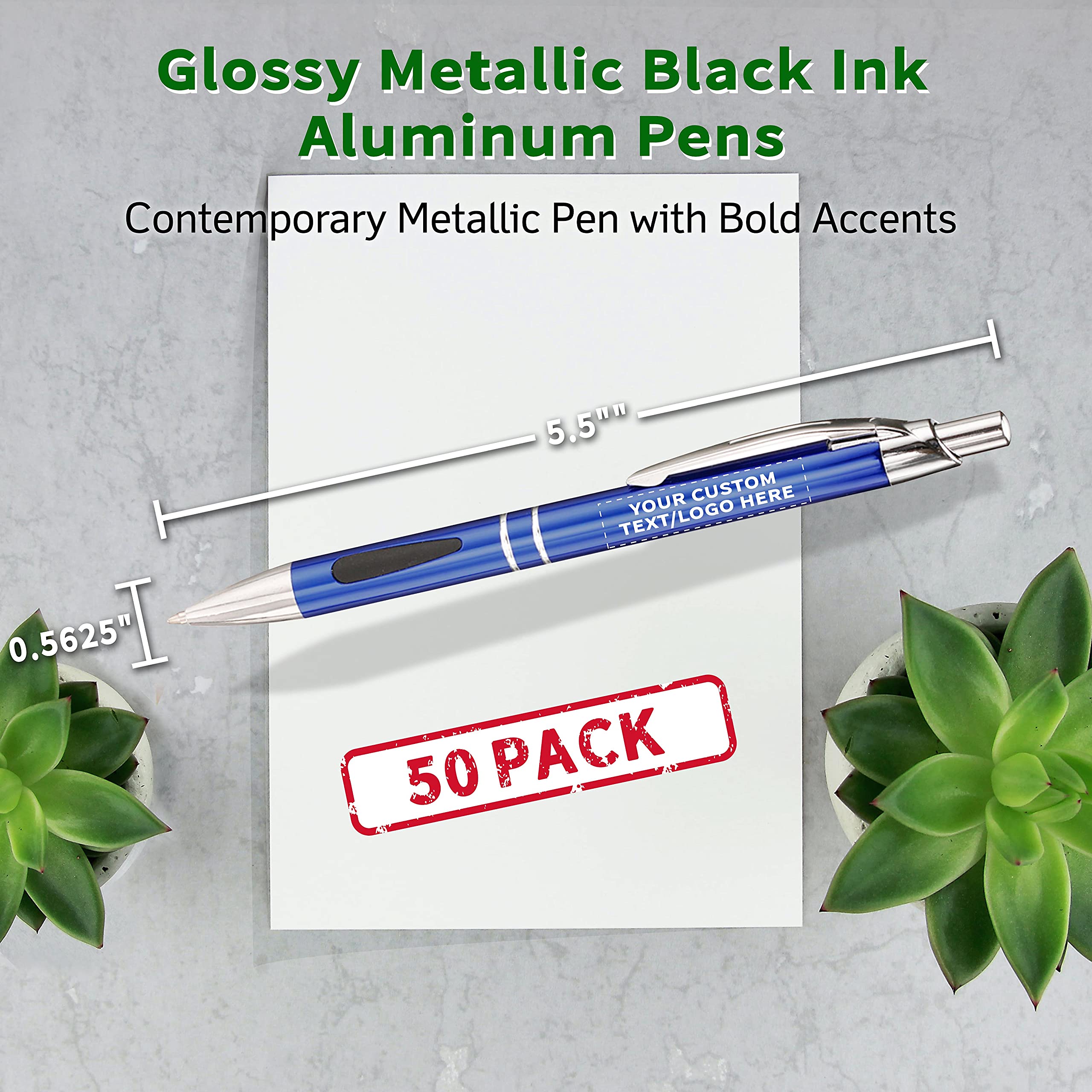 50 Pack Black Ink Metal Pens with Custom Text & Logo - Retractable Ballpoint Pens with Silver Accents - Premium Office & School Writing Supplies for Business Gifts, Promotions & Everyday Use