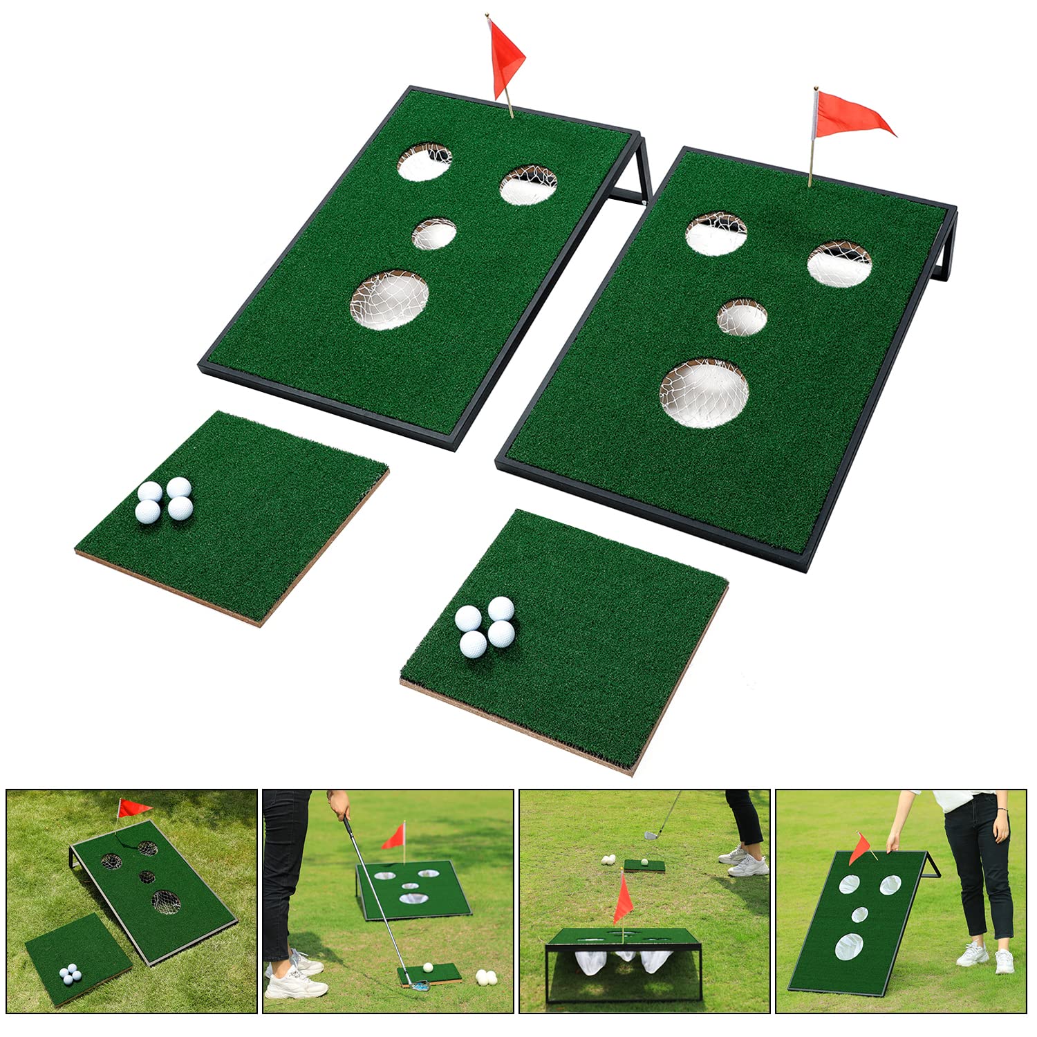 OOFIT Smiling Face Golf Cornhole Game Set with Chipping Mats - Outdoor Backyard Lawn Games for Adults & Kids - Perfect for Parties, BBQs, and Family Gatherings