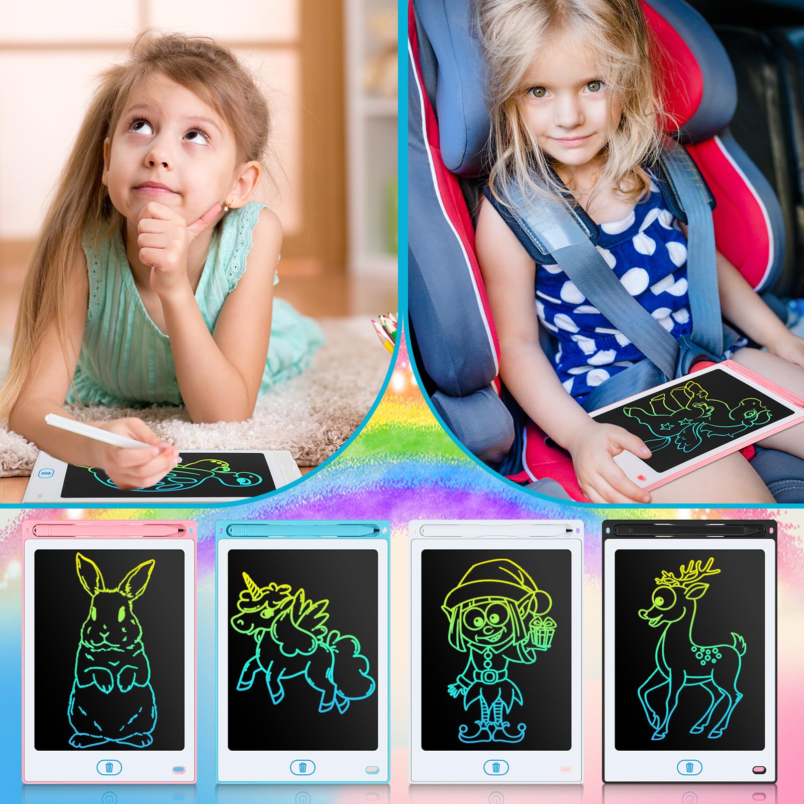 Tinlade 12 Pack LCD Writing Tablets 8.5 Inch - Colorful Erasable Electronic Drawing Pads for Kids, Doodle Boards for Learning & Creativity (Pink, Blue, White, Black) - Perfect for Classroom, Home Schooling & Travel Activities