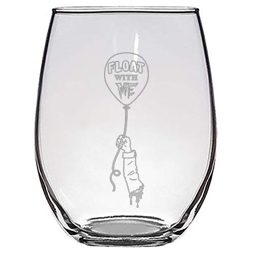 Float with Me Severed Arm Horror Movie - Laser Engraved Stemless Wine Glasses for Halloween Parties, Horror Movie Nights & Gothic Home Decor
