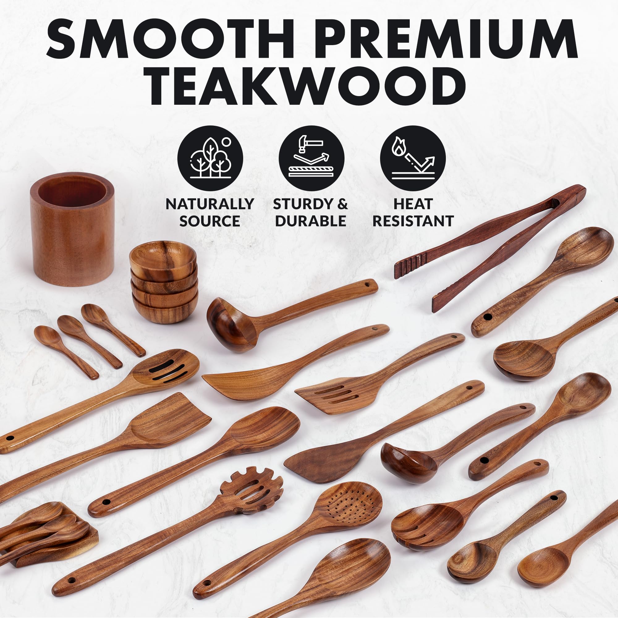 Premium 30-Piece Teak Wooden Kitchen Utensil Set with Gift Box - Natural Non-Stick Cooking Spoons & Tools - Ergonomic Grip for Comfortable Use - Perfect for Home Chefs, Wedding Gifts & Housewarming Presents