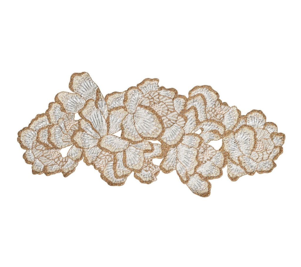 Botanica Floral Table Runner - Elegant White, Gold & Silver Dining Decor for Wedding, Party & Holiday Tablescapes