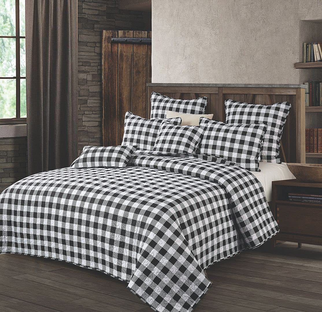 Virah Bella 3-Piece Full/Queen Quilt Bedding Set - Black & White Plaid Reversible Comforter with Pillow Shams - Rustic Country Style for Cozy Bedroom Decor - Perfect for Farmhouse, Cabin, or Guest Room