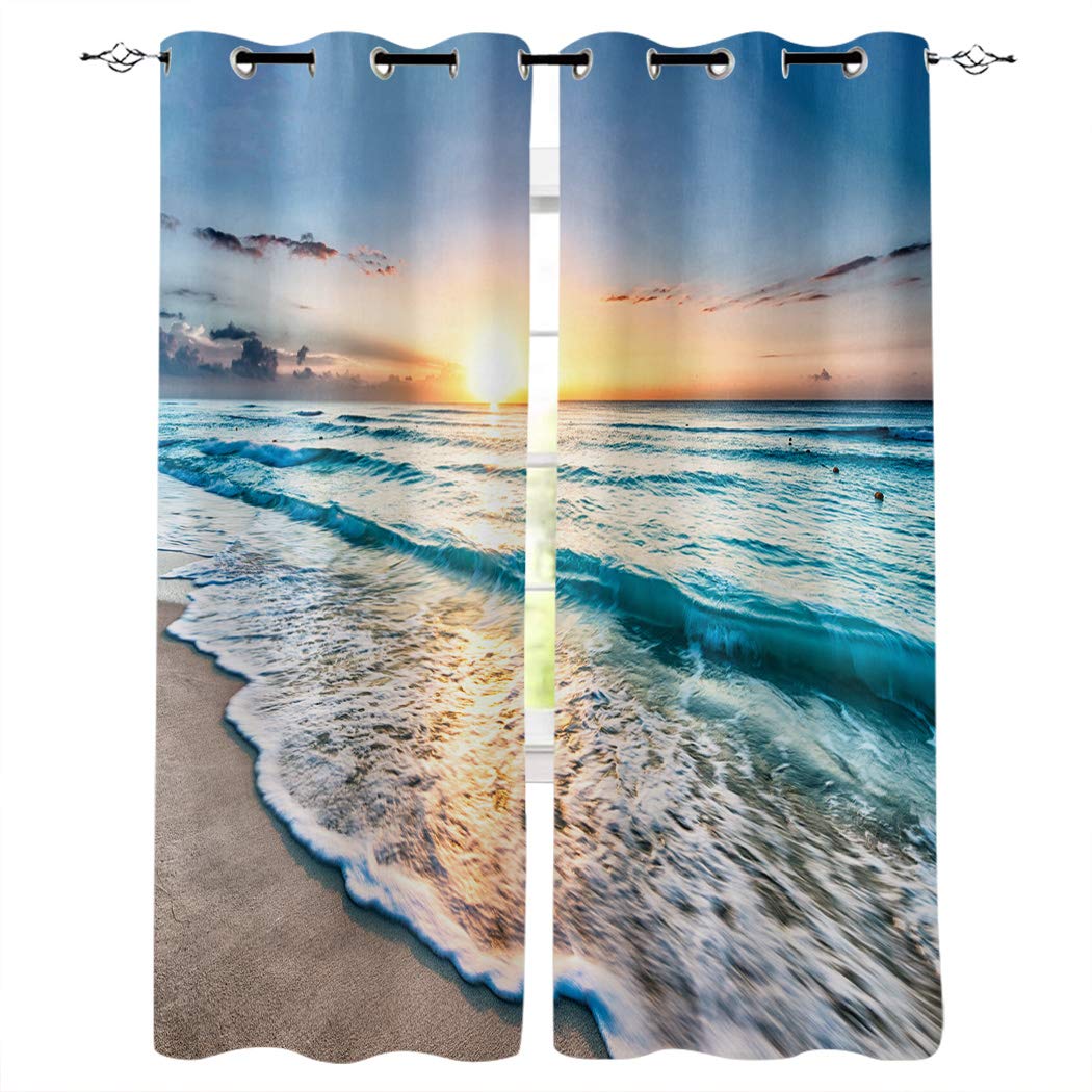 Ocean Beach Blackout Curtains - Thermal Insulated Room Darkening Window Drapes with Grommet Top, Tropical Wave Sunset Design, 52x84 Inch (2 Panels) - Perfect for Bedroom, Living Room & Home Theater Light Blocking