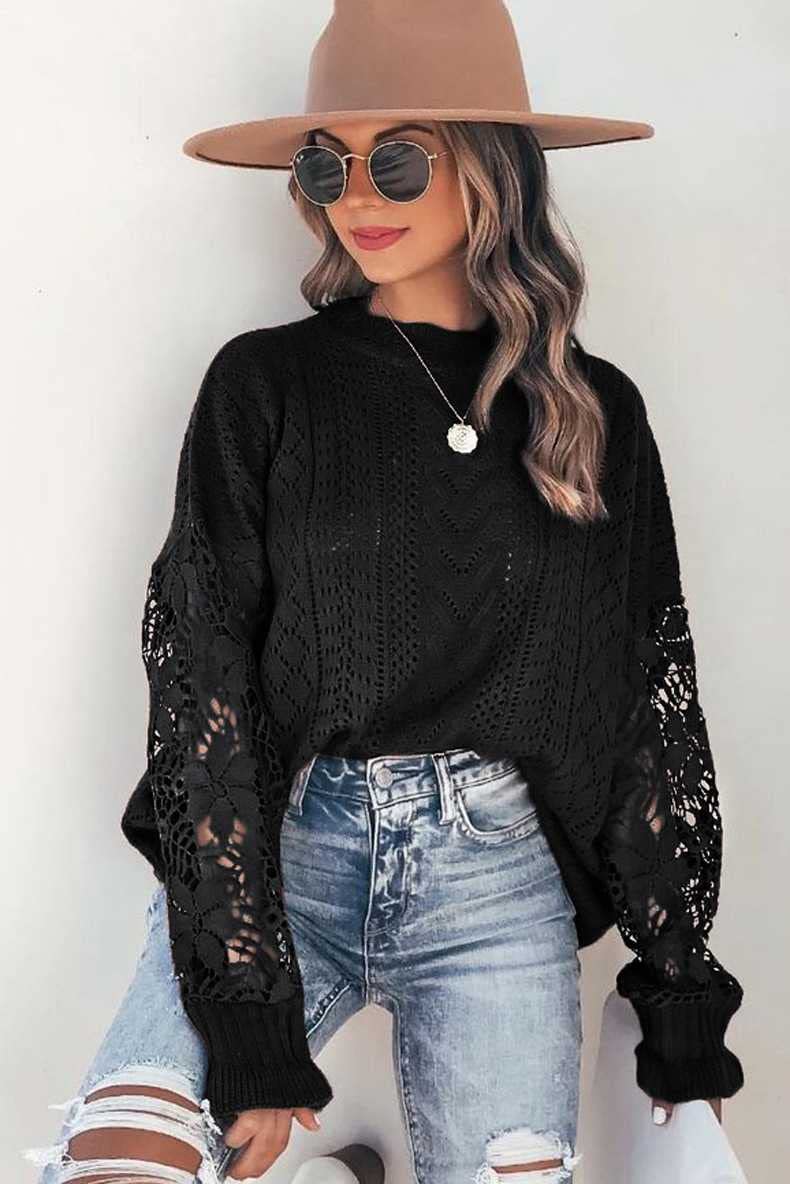 YIYIBO Women's Crochet Lace Long Sleeve Cable Knit Sweater - Hollow Out Crewneck Pullover Top for Fall & Winter Fashion, Office Wear & Casual Outfits