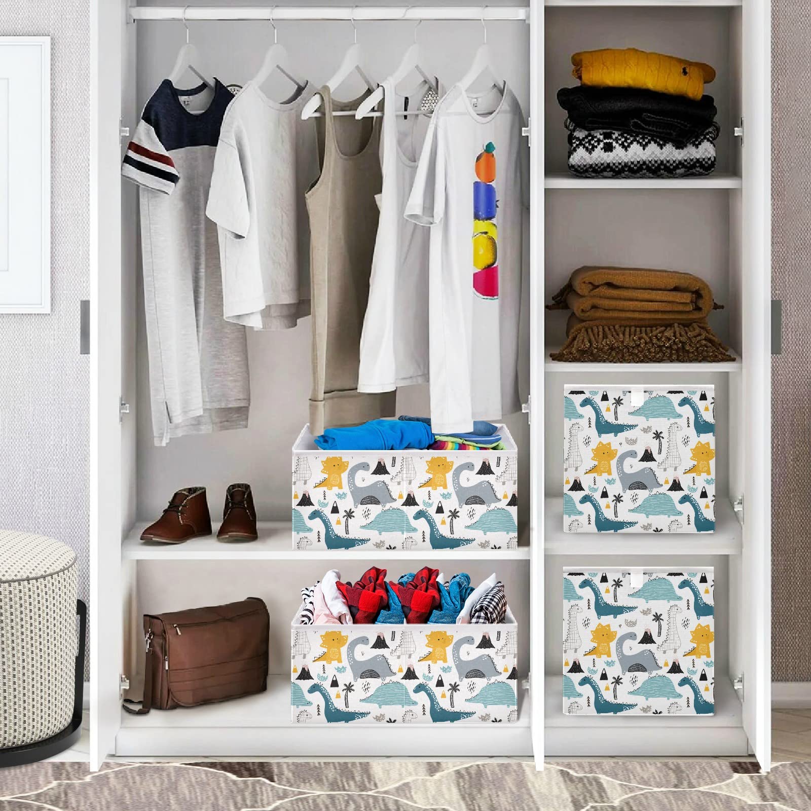 Foldable Collapsible Storage Baskets - Hand Drawn Dinosaur Design, Waterproof Fabric Organizer for Shelves, Pantry, Closet (16 x 11 Inch) - Perfect for Kids' Toys, Books, Clothes & Home Office Organization