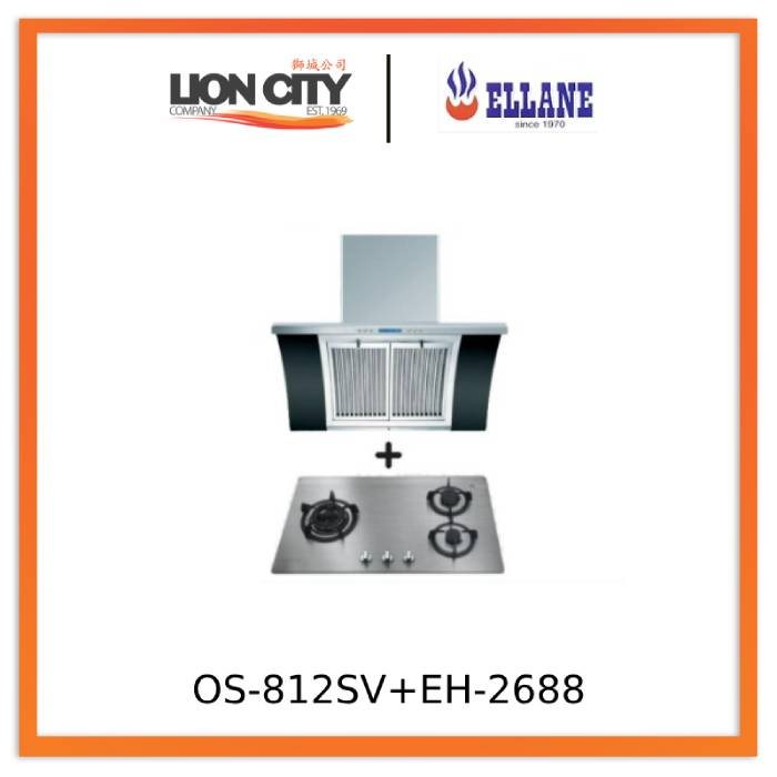 Ellane EH 2688 90cm Stainless Steel Chimney Hood with Arch Glass & Ellane OS 812SV 86cm 3 Burner Stainless Steel Gas Cooktop - Modern Kitchen Ventilation and Cooking Solution for Home Chefs