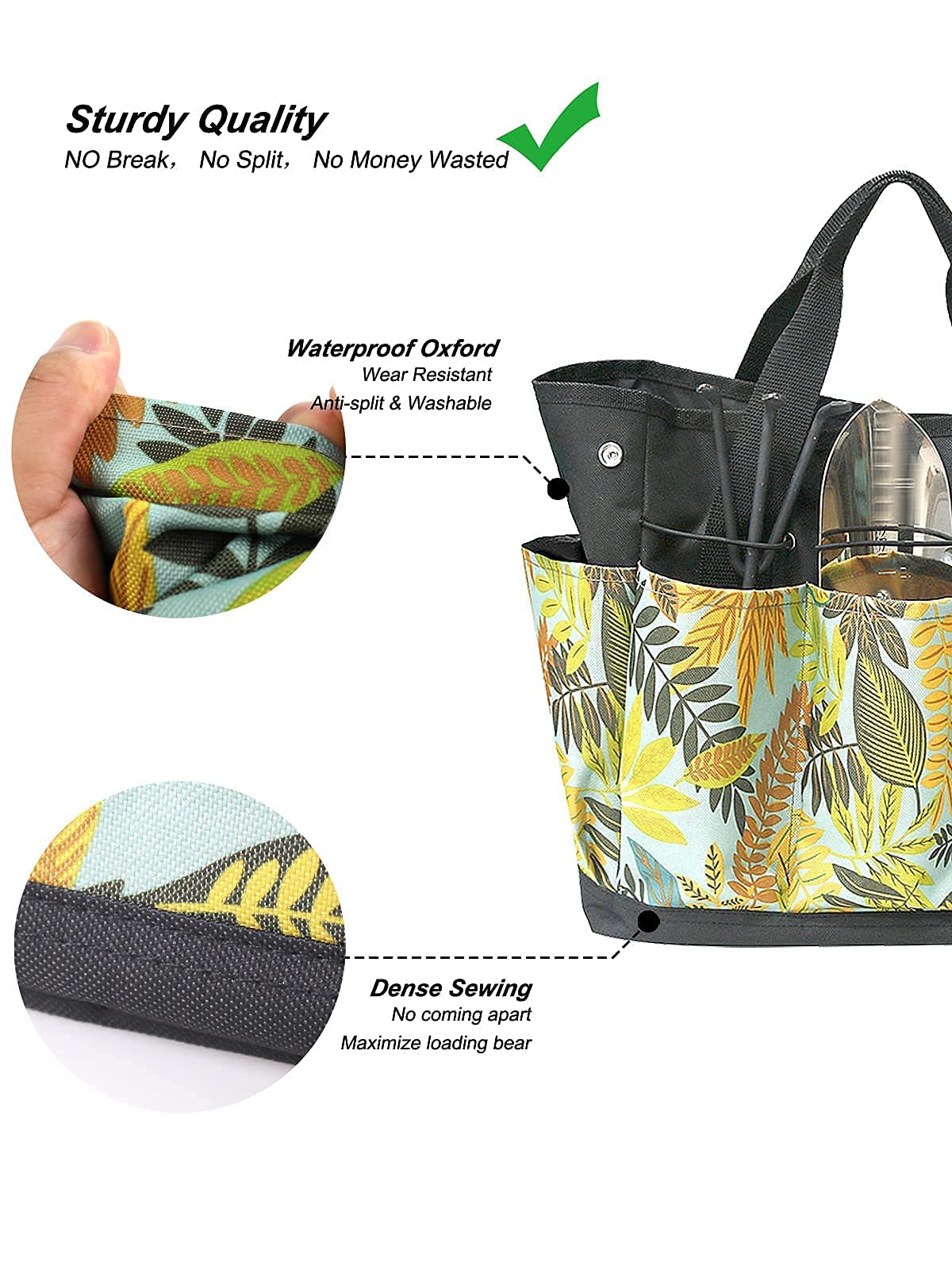 GERYMU Heavy Duty Garden Tool Bag with 8 Pockets - Durable Oxford Storage Tote for Gardening Tools (Floral Yellow) | Perfect for Organizing Pruners, Gloves & Small Tools in Backyard or Greenhouse