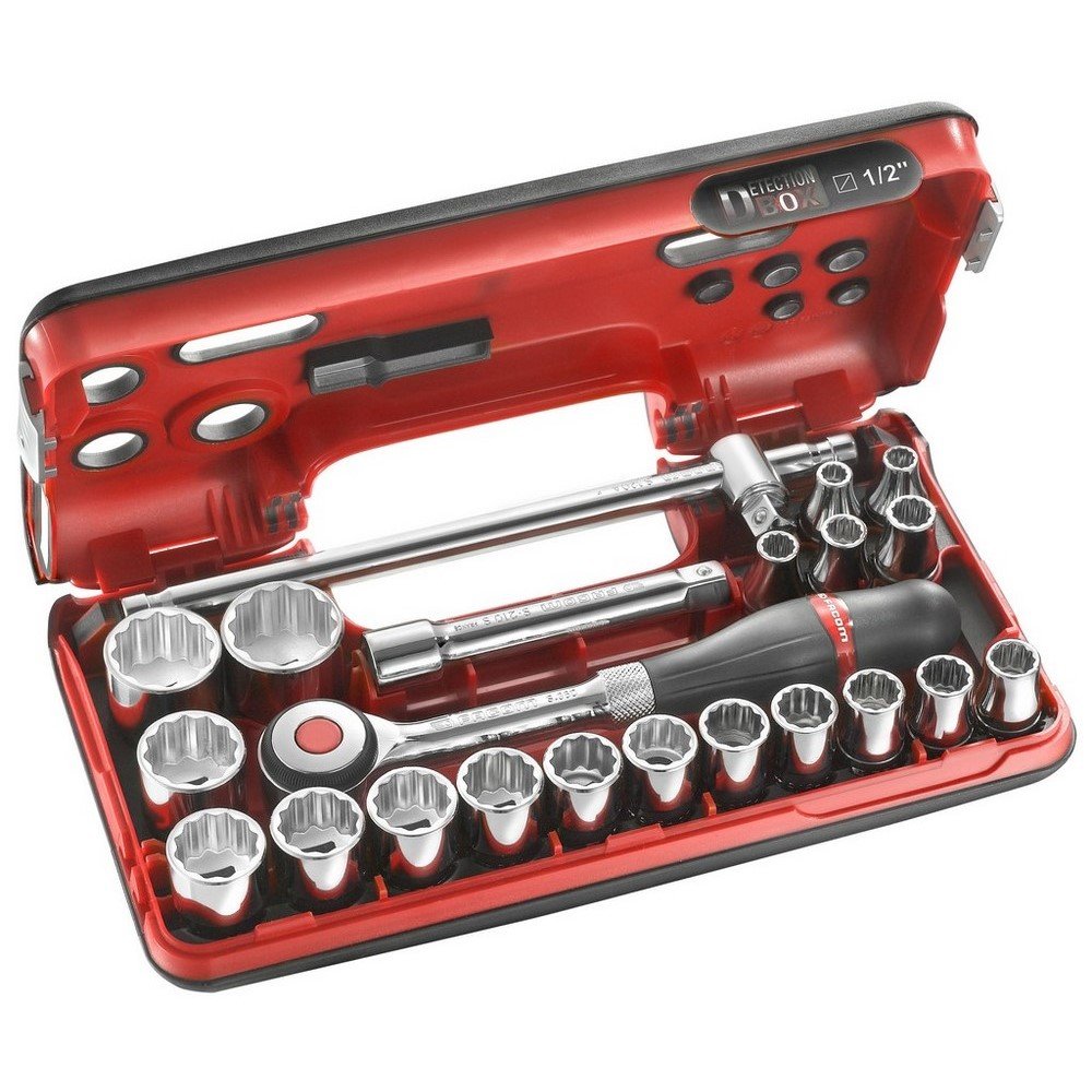 Facom 1/2-Inch Drive Ratchet Tool Set with 360° Rotating Handle - 12-Piece Socket Wrench Kit in Compact Storage Box | Perfect for Automotive Repair, DIY Projects & Home Maintenance