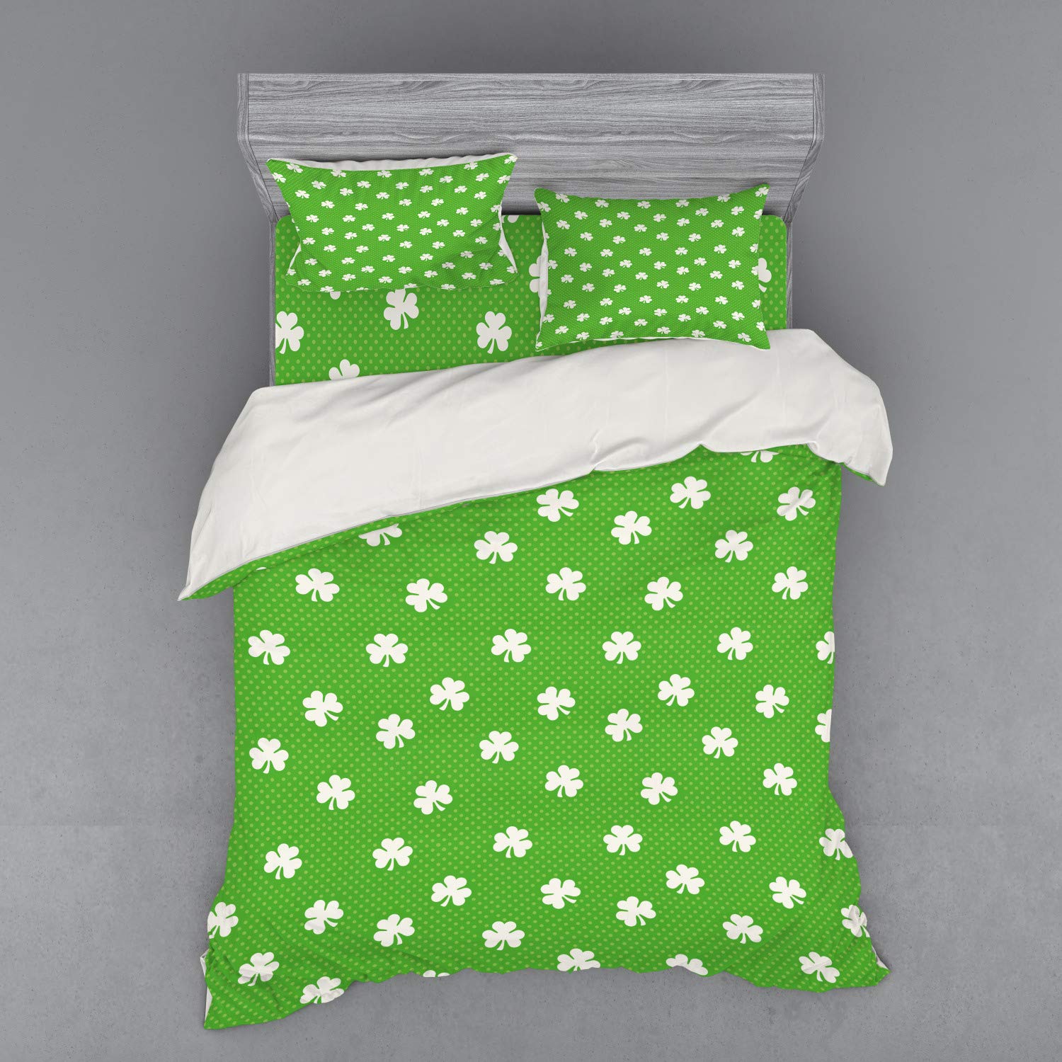 Ambesonne Irish Duvet Cover Set - Vintage Polka Dot Floral Shamrock Design, 4-Piece Queen Size Bedding Set with Shams & Fitted Sheet in Lime Green & White | Perfect for St. Patrick's Day Decor, Irish-Themed Bedrooms & Retro Home Styling