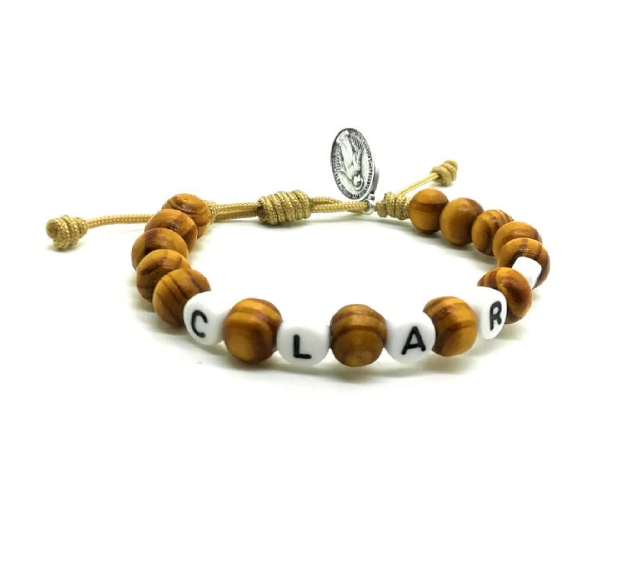 Personalized Wooden Beads Catholic Saint Medal Name Bracelet for Kids - Adjustable Rosary Bracelet Religious Gift for Baptism, First Communion & Faith Jewelry