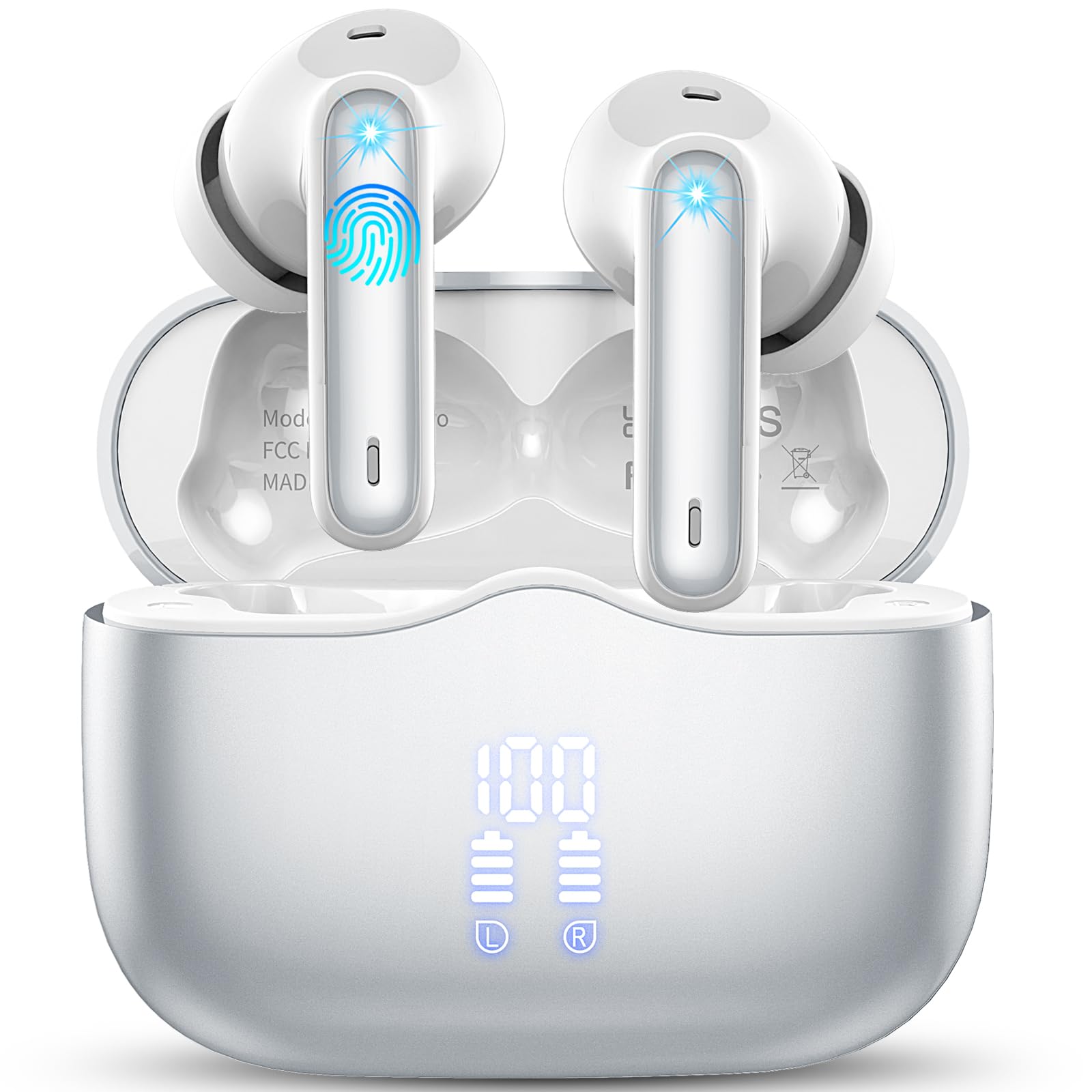Wireless Earbuds Bluetooth 5.3 with ENC Noise Cancelling Mic, IPX7 Waterproof in-Ear Headphones, 40H Playtime, Ultra Light & Comfortable for Running, Workout, Travel - Silver