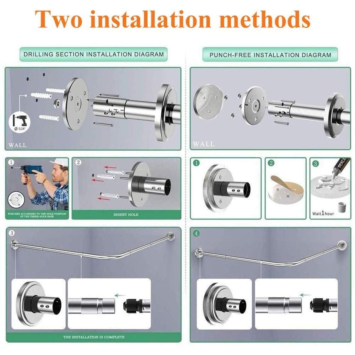 U-Shaped Extendable No-Drill Shower Curtain Rod Set with Waterproof Liner - Stainless Steel Tension Curved Shower Rail for Bathroom (Perfect for Small Spaces & Corner Showers)