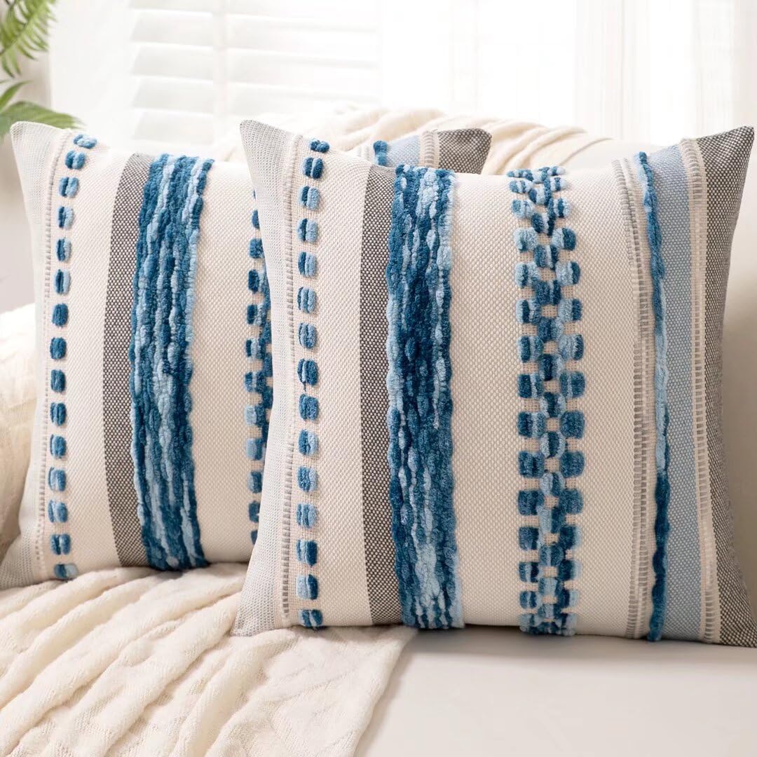 Boho Throw Pillow Covers 18x18 Inch Set of 2 - Farmhouse Decorative Square Cushion Cases with Striped Chenille Design, Neutral Accent Pillow Covers for Sofa, Couch, Bedroom & Living Room Decor - Sky Blue