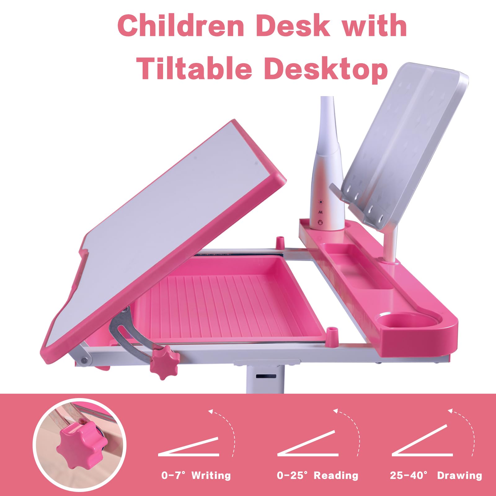 Napfox Adjustable Kids Desk and Chair Set - Ergonomic Study Desk for Children with Height Adjustable & 40° Tiltable Desktop, LED Light & Bookstand (Pink) - Perfect for Homework, Drawing & Online Learning
