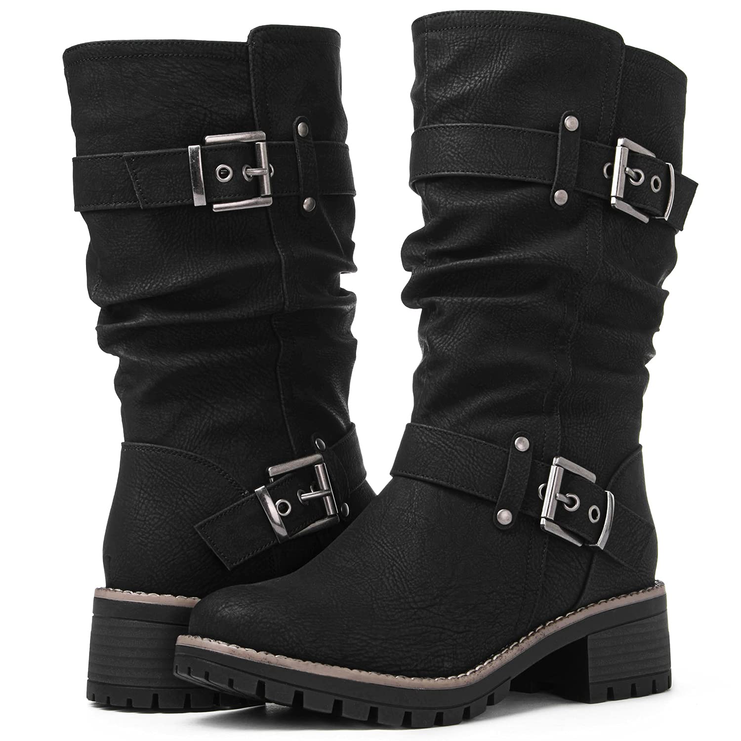 GLOBALWIN Women's Mid Calf Motorcycle Boots - Stylish Biker Riding Boots for Women, Comfortable & Durable for Daily Wear, Commuting & Motorcycle Adventures