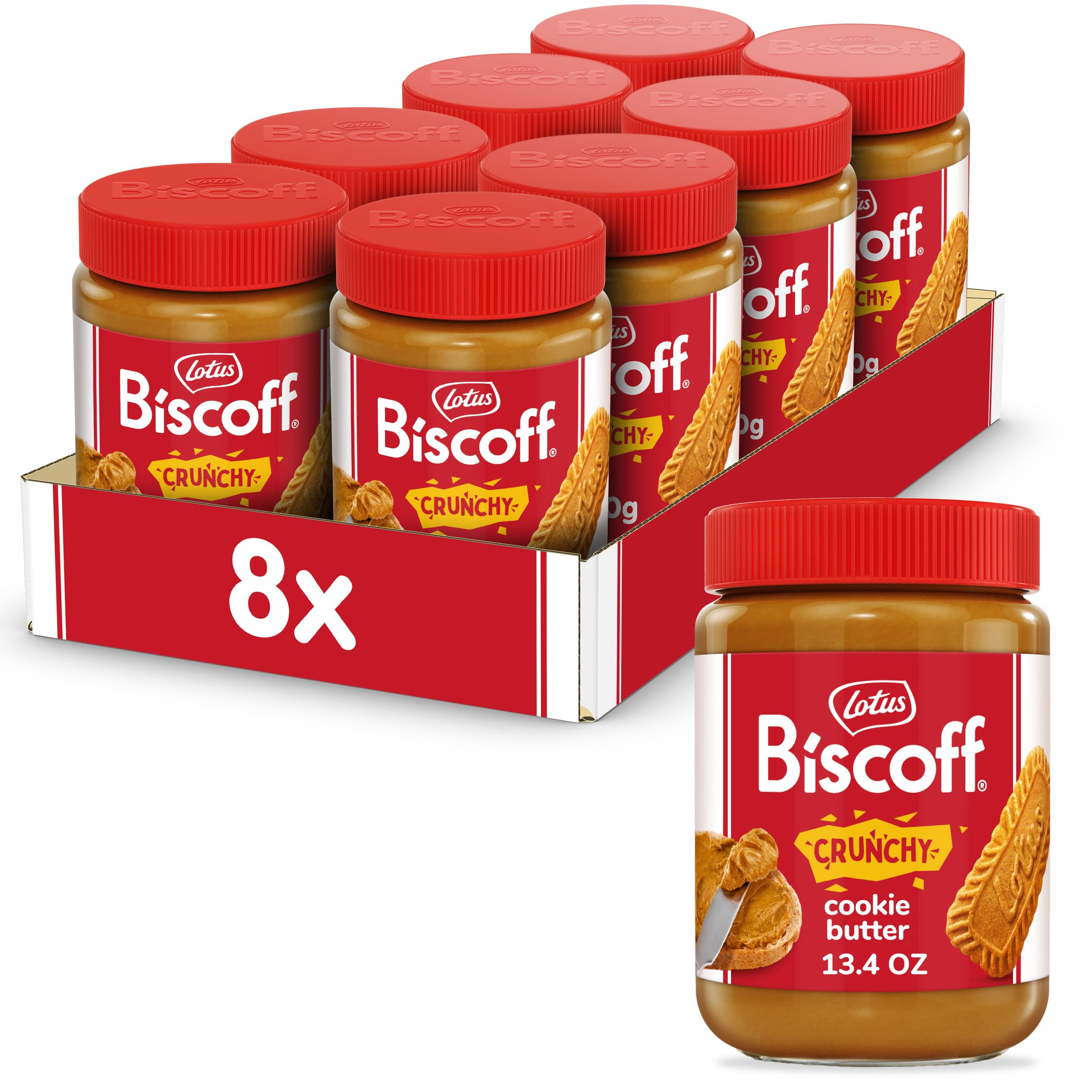 Crunchy Lotus Biscoff Cookie Butter Spread - Non-GMO, Vegan, Gluten-Free - 13.4 Oz Jar (Pack of 8) - Perfect for Toast, Pancakes, Desserts & Baking