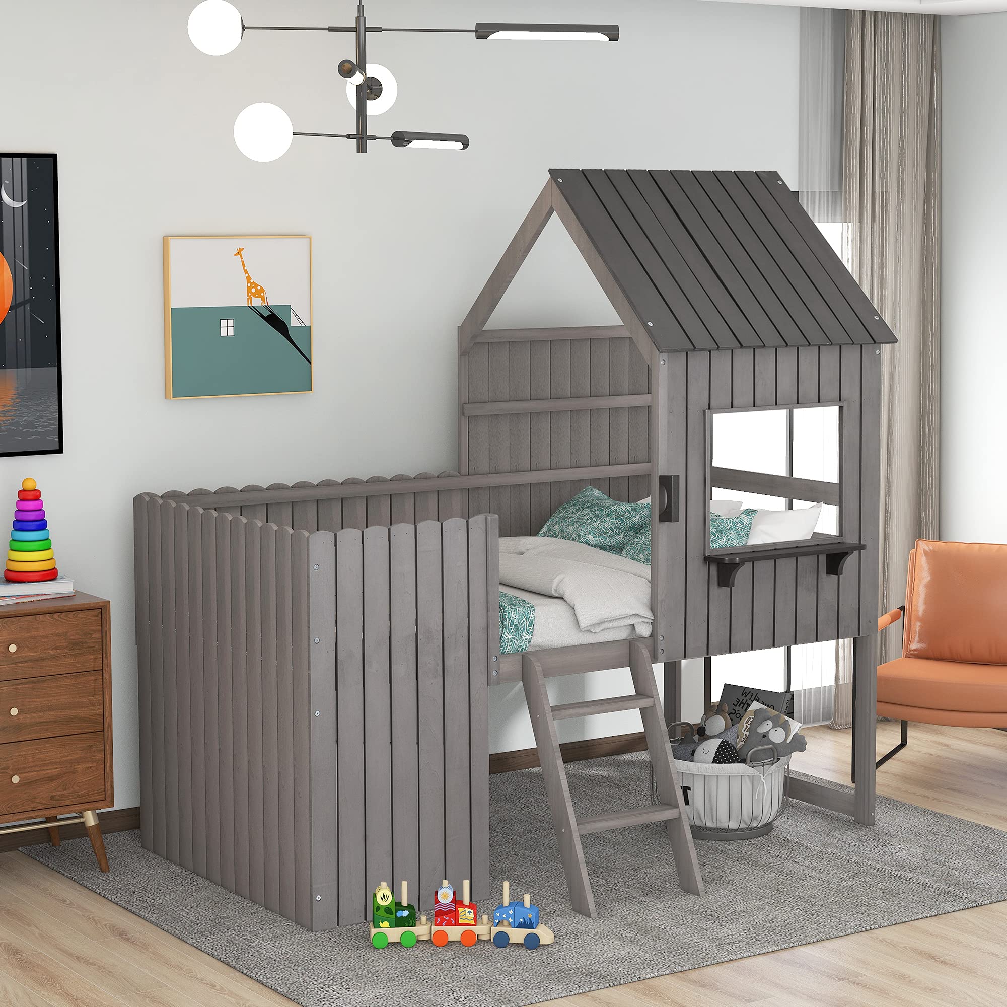 Kids Twin Size Wood Loft Bed with Roof, Guardrail & Ladder - Solid Wood Frame, No Box Spring Needed, Easy Assembly (Antique Gray) - Perfect for Small Bedrooms, Playrooms & Space-Saving Kids' Rooms
