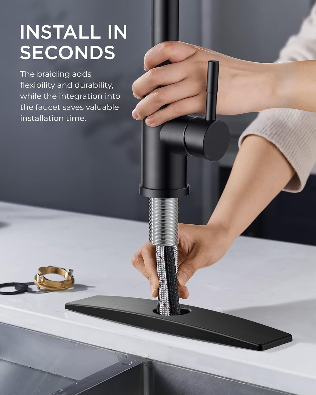 FORIOUS Black Stainless Steel Kitchen Faucet with Pull Down Sprayer - High Arc Modern Farmhouse Sink Faucet with Deck Plate, Fits 1 or 3 Hole Installation - Perfect for Home Kitchen, Bar, RV & Laundry Room