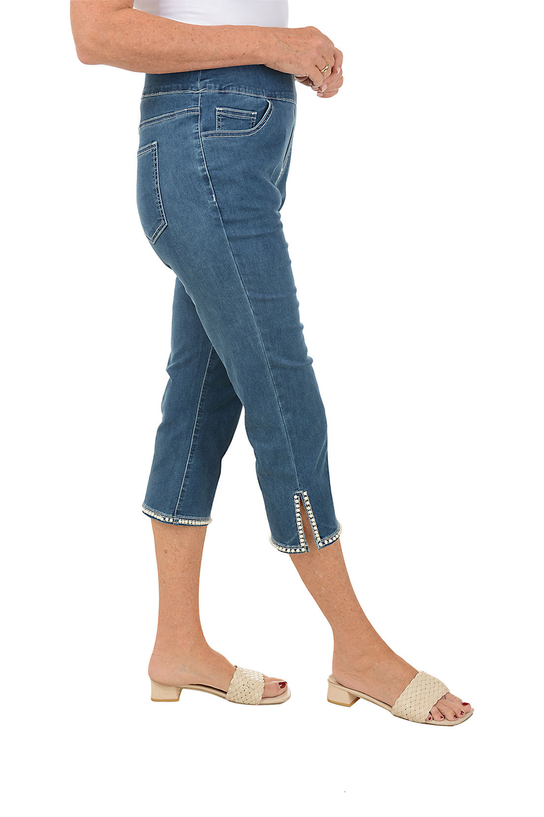 Pearl Hem Denim Capri Pants for Women - High Waisted Stretch Skinny Jeans with Raw Edge Detail | Perfect for Casual Outfits, Summer Fashion & Boho Style